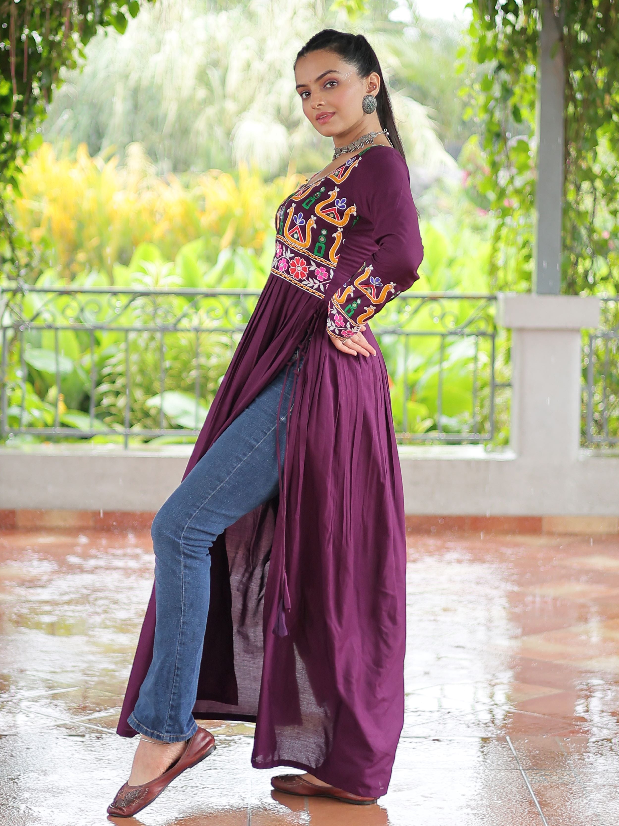 Wine pure rayon nayra cut kurti with kutchi gamthi work