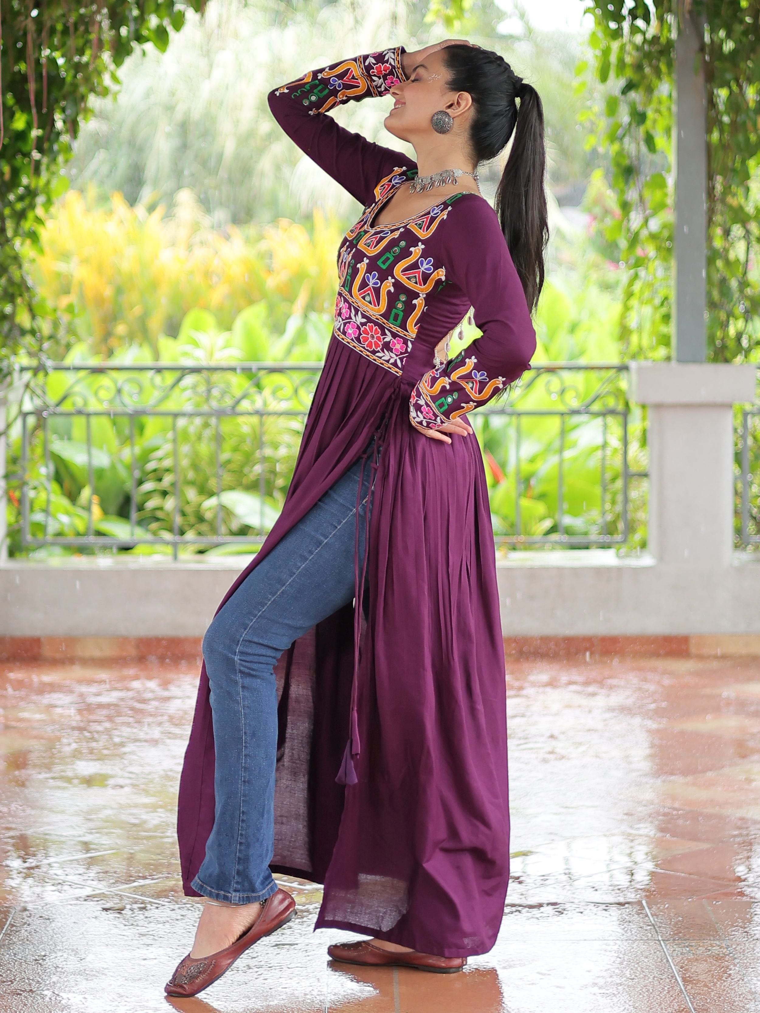Wine pure rayon nayra cut kurti with kutchi gamthi work