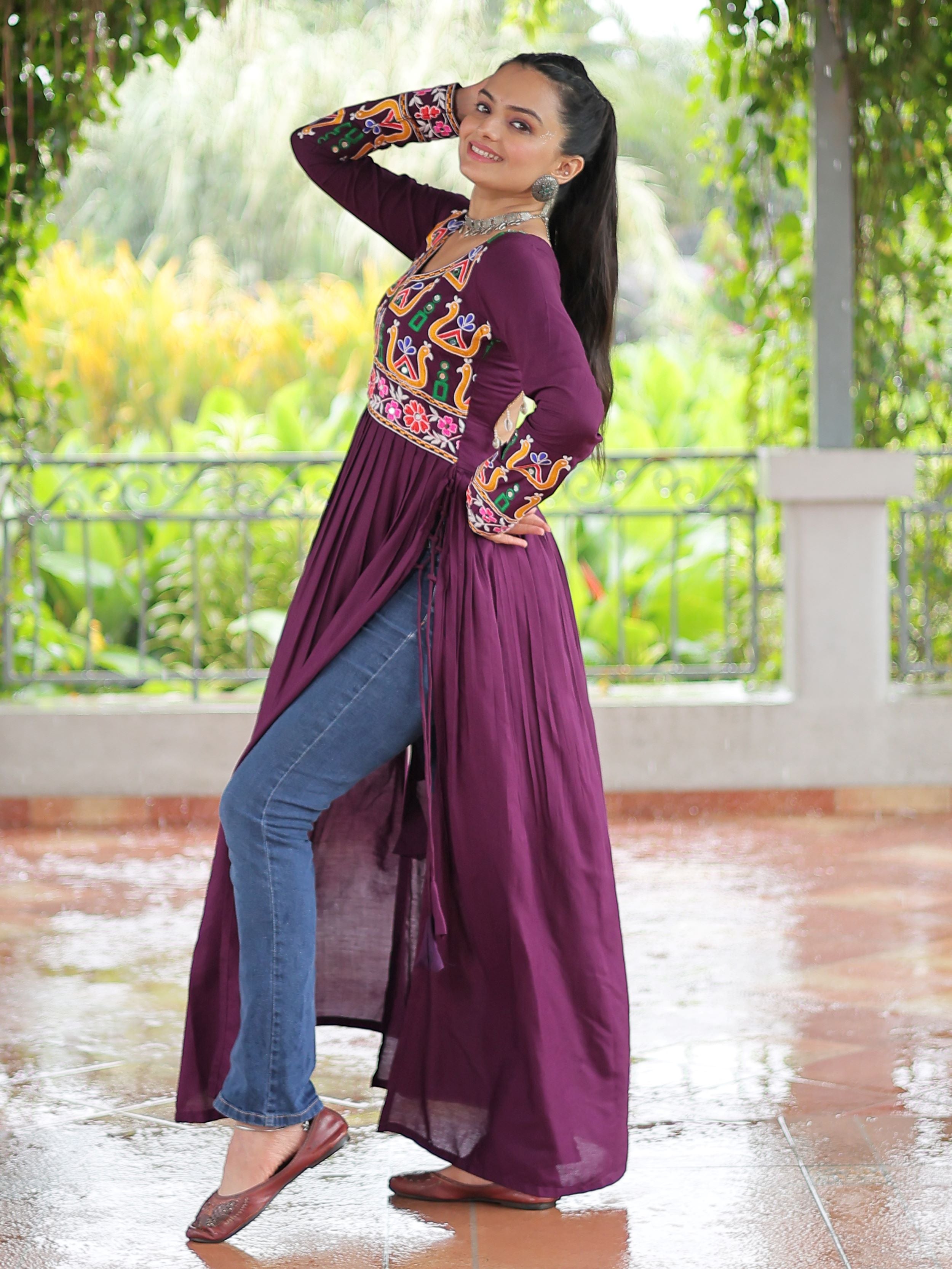 Wine pure rayon nayra cut kurti with kutchi gamthi work