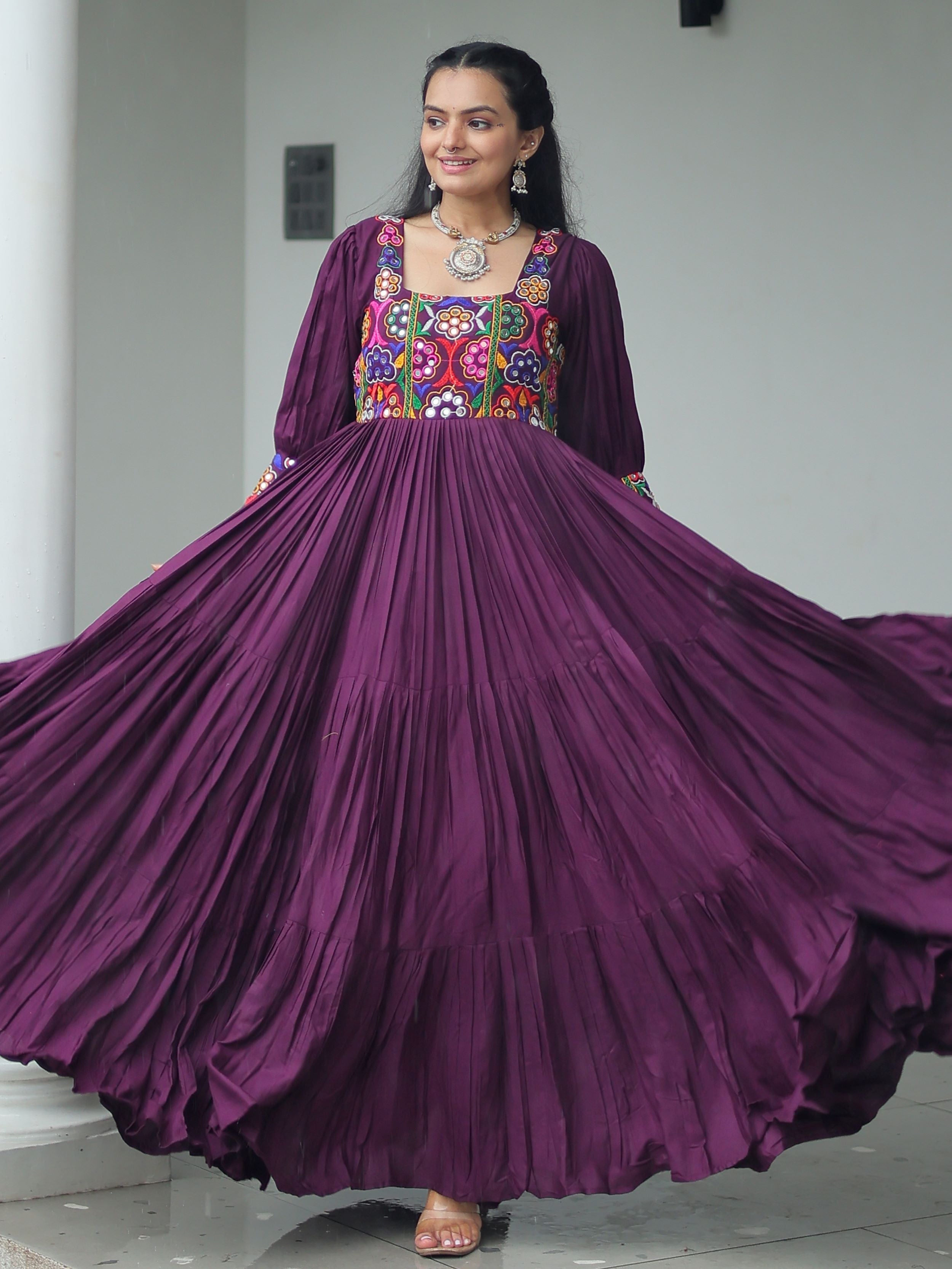 Wine rayon flair gown with kutchi gamthi work for navratri