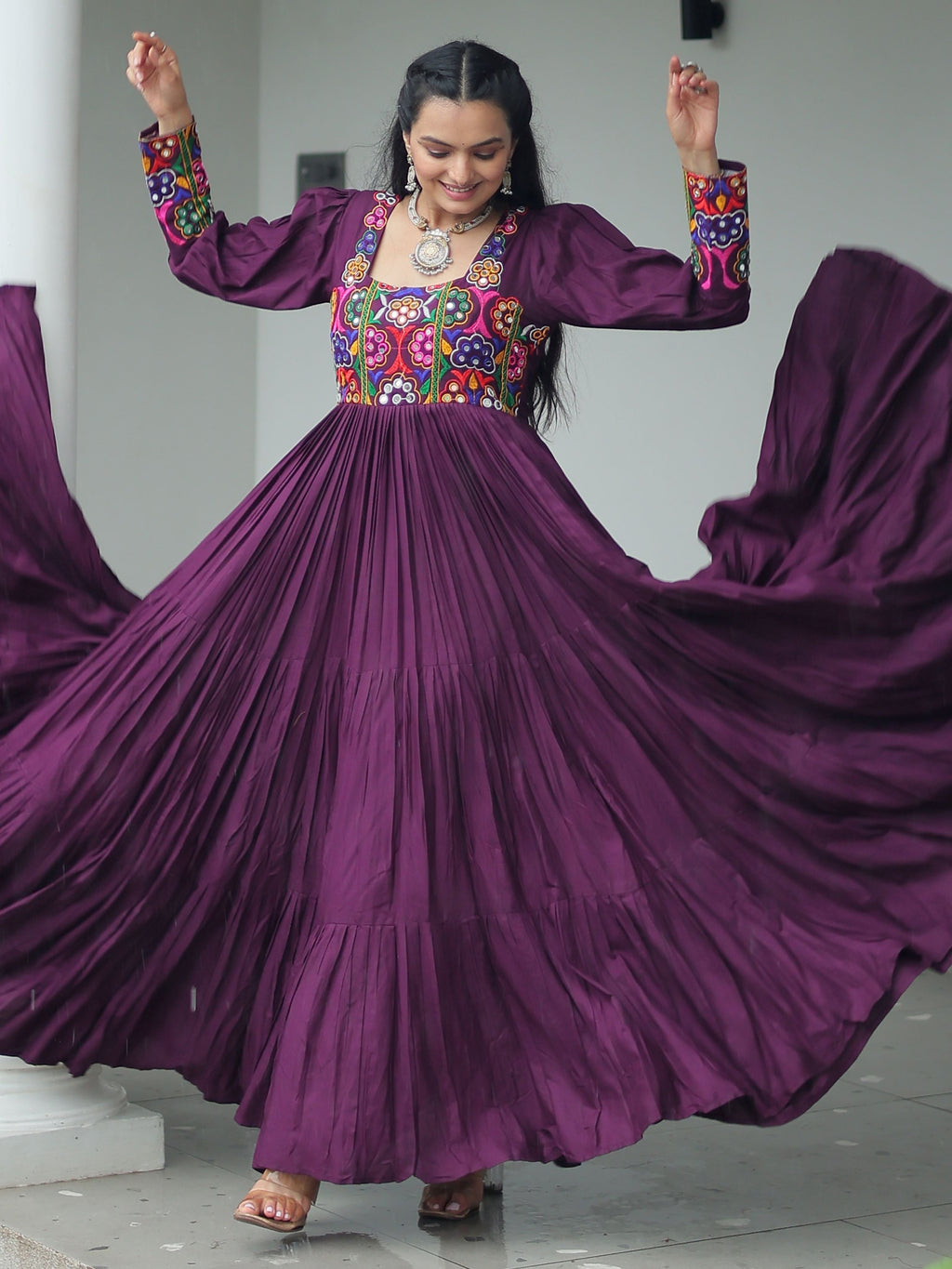 Wine rayon flair gown with kutchi gamthi work for navratri