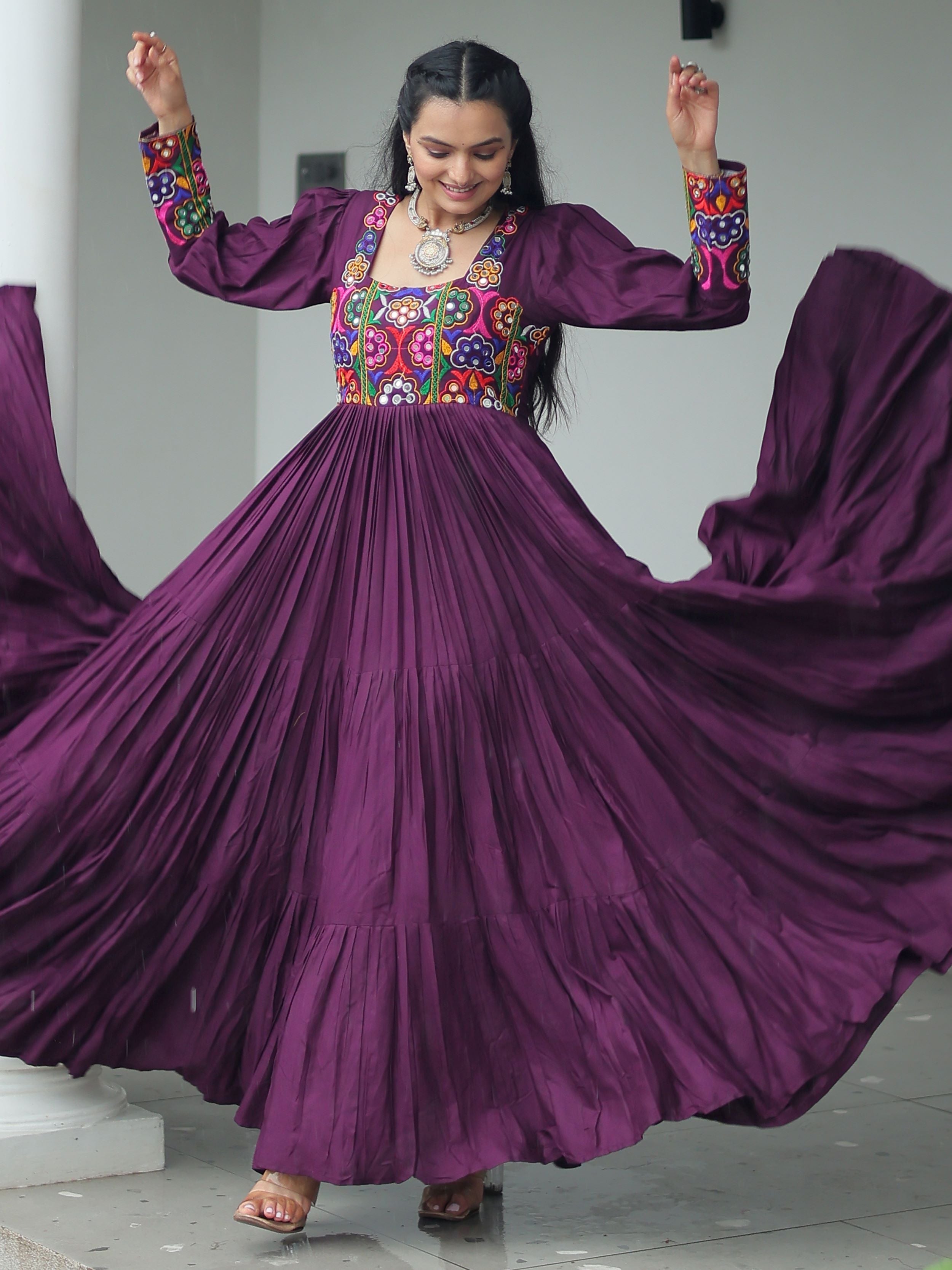 Wine rayon flair gown with kutchi gamthi work for navratri