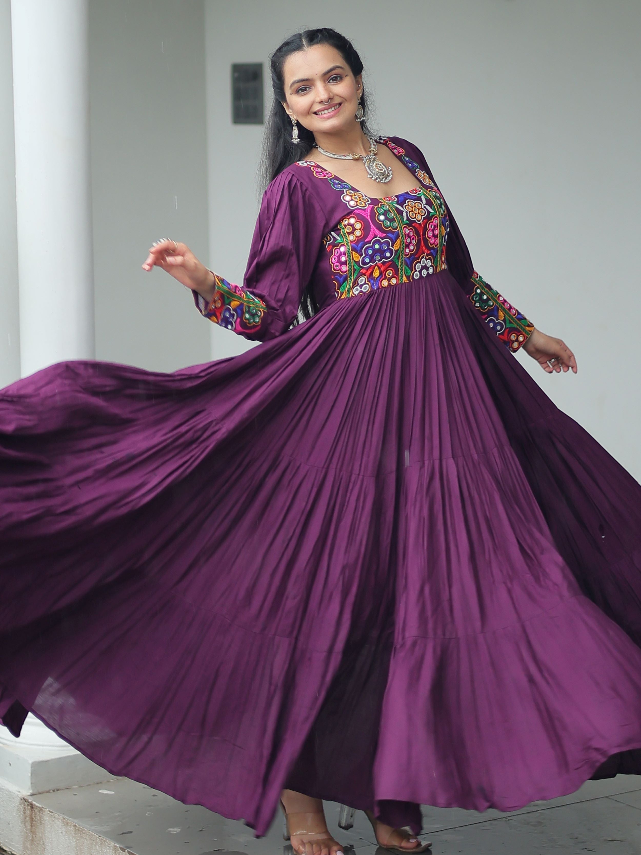Wine rayon flair gown with kutchi gamthi work for navratri