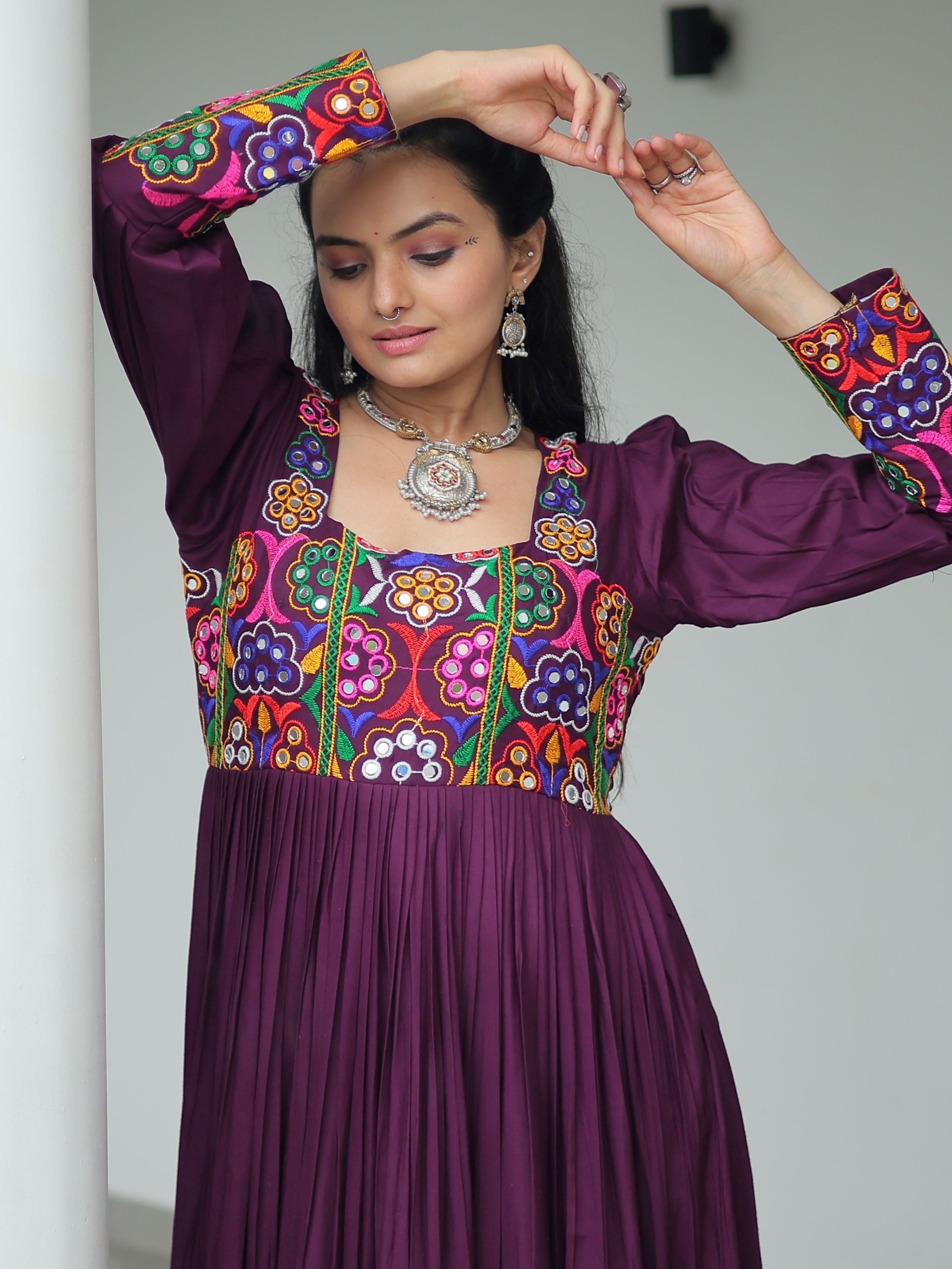 Wine rayon flair gown with kutchi gamthi work for navratri