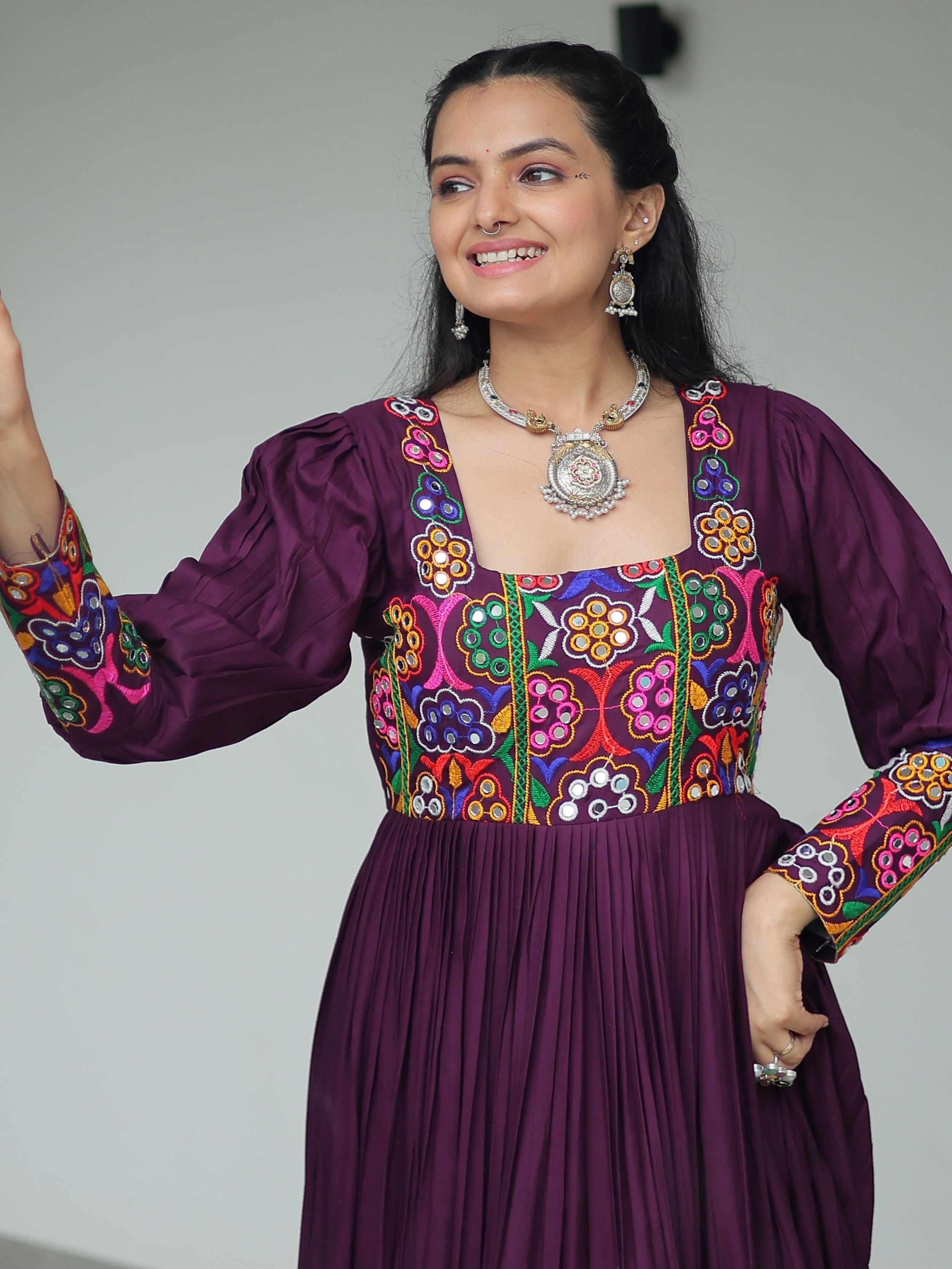Wine rayon flair gown with kutchi gamthi work for navratri
