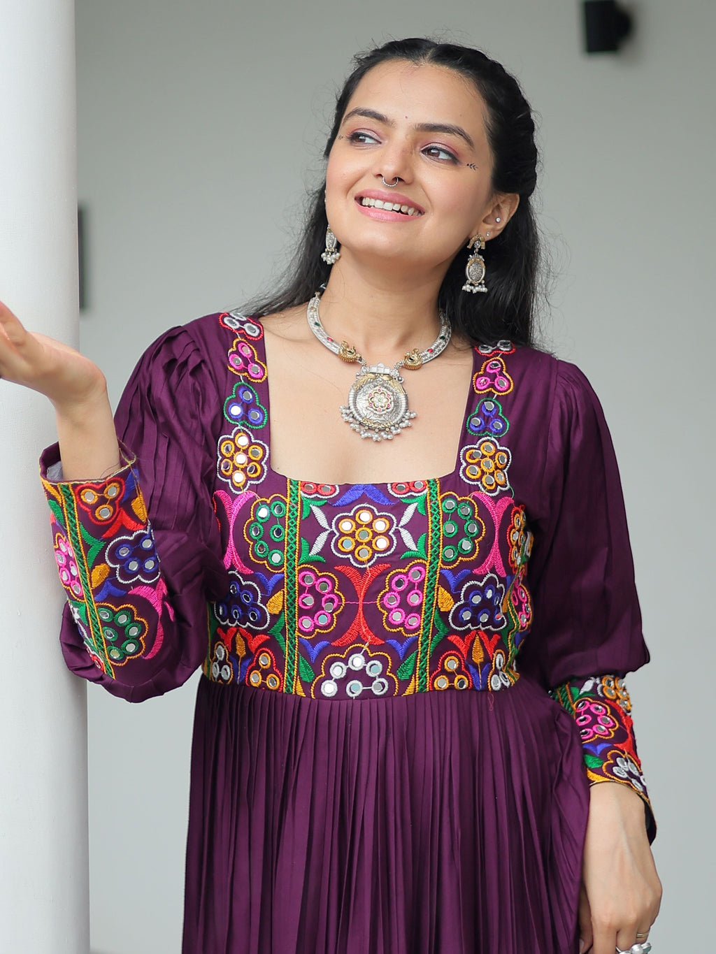 Wine rayon flair gown with kutchi gamthi work for navratri