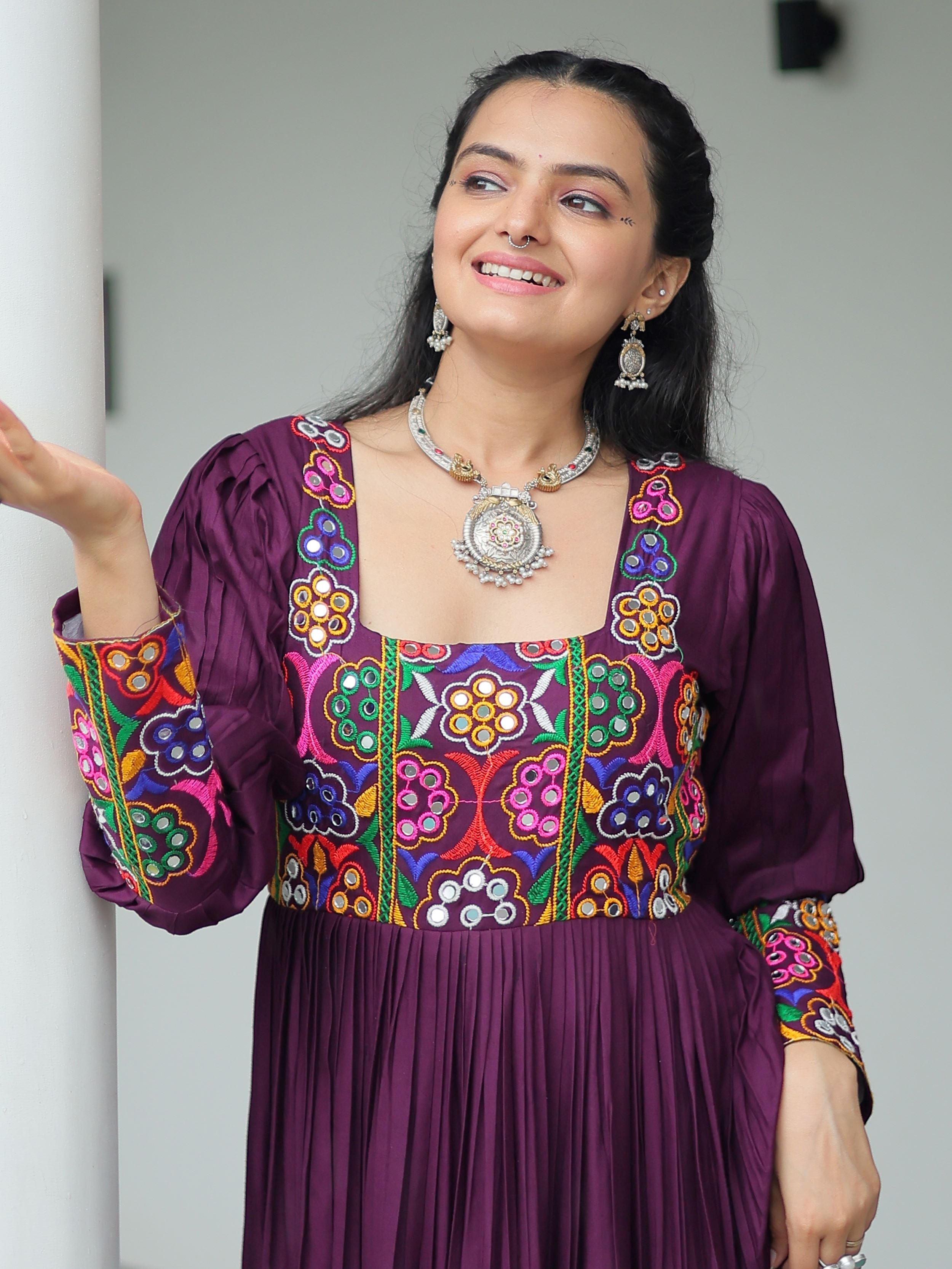 Wine rayon flair gown with kutchi gamthi work for navratri