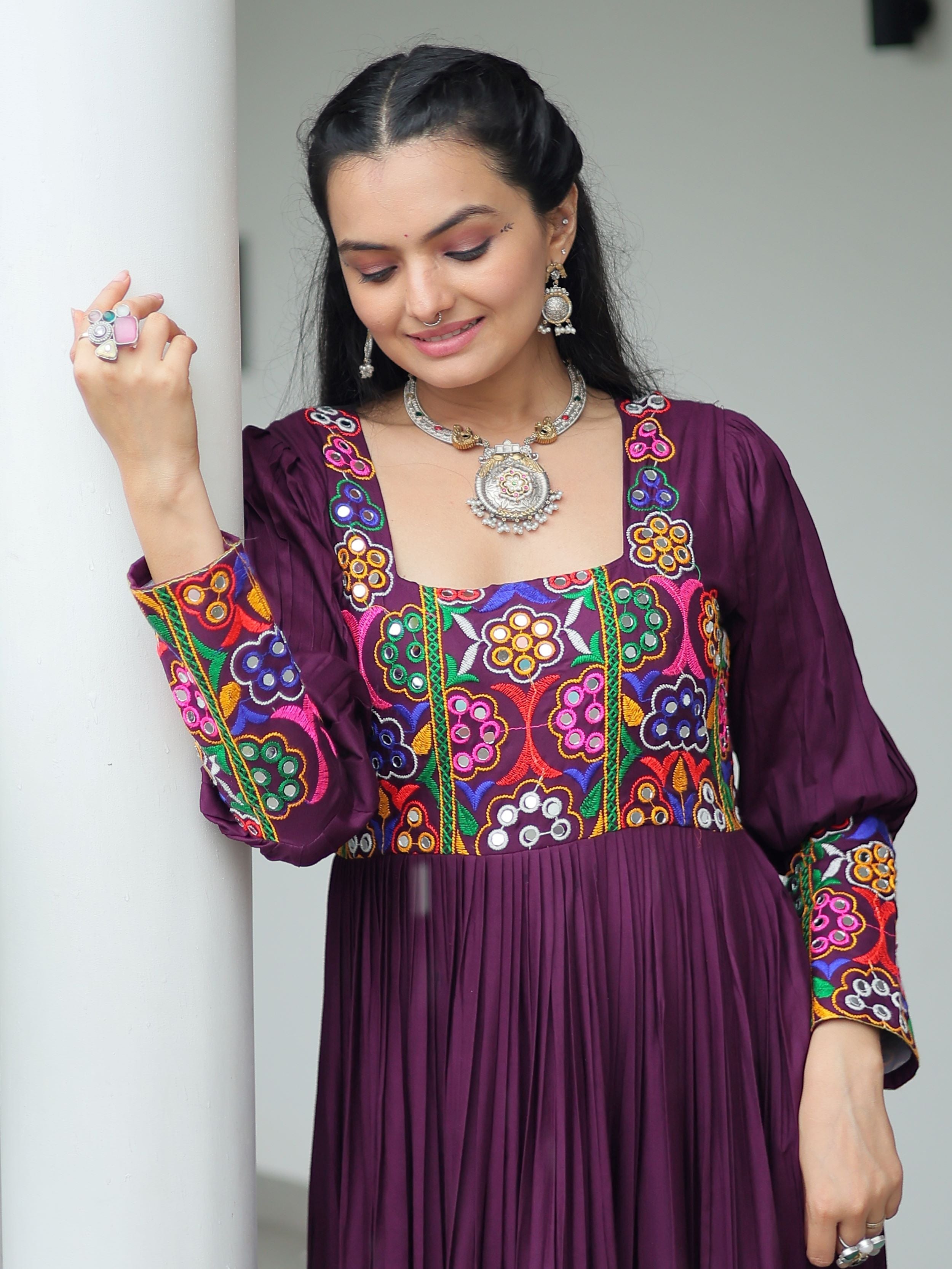 Wine rayon flair gown with kutchi gamthi work for navratri
