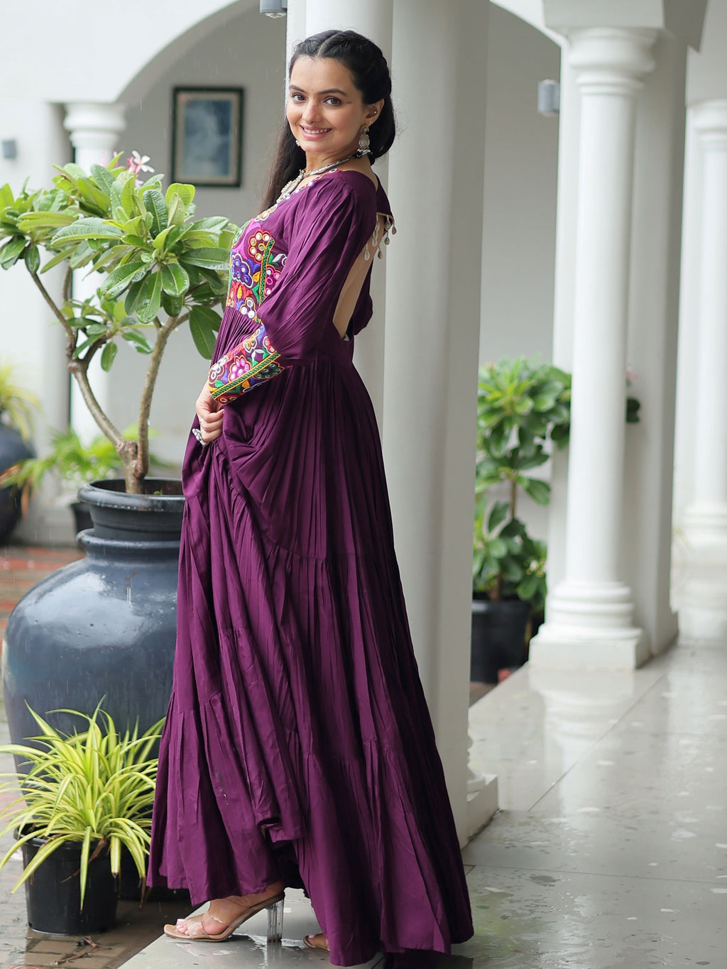 Wine rayon flair gown with kutchi gamthi work for navratri