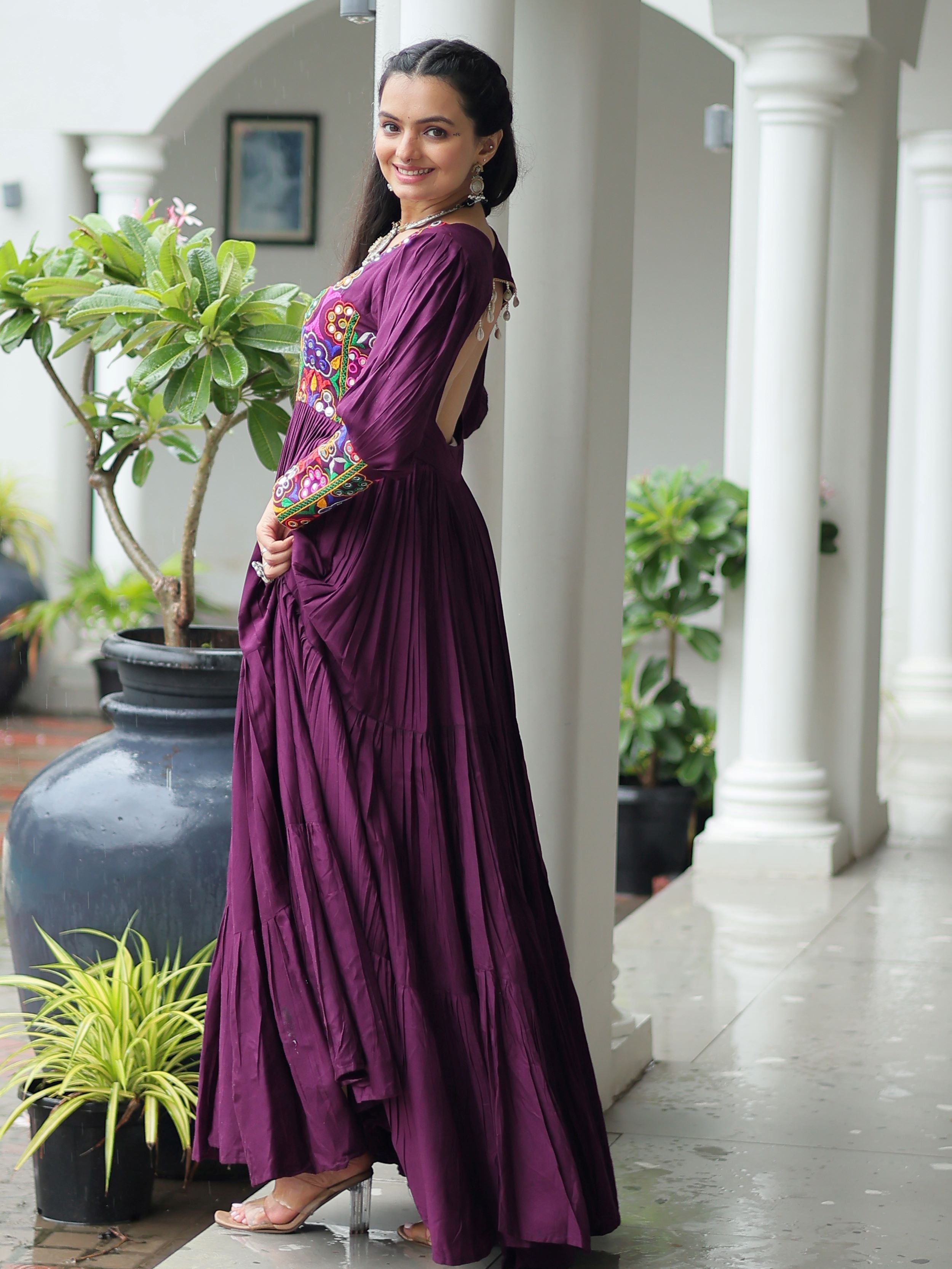 Wine rayon flair gown with kutchi gamthi work for navratri