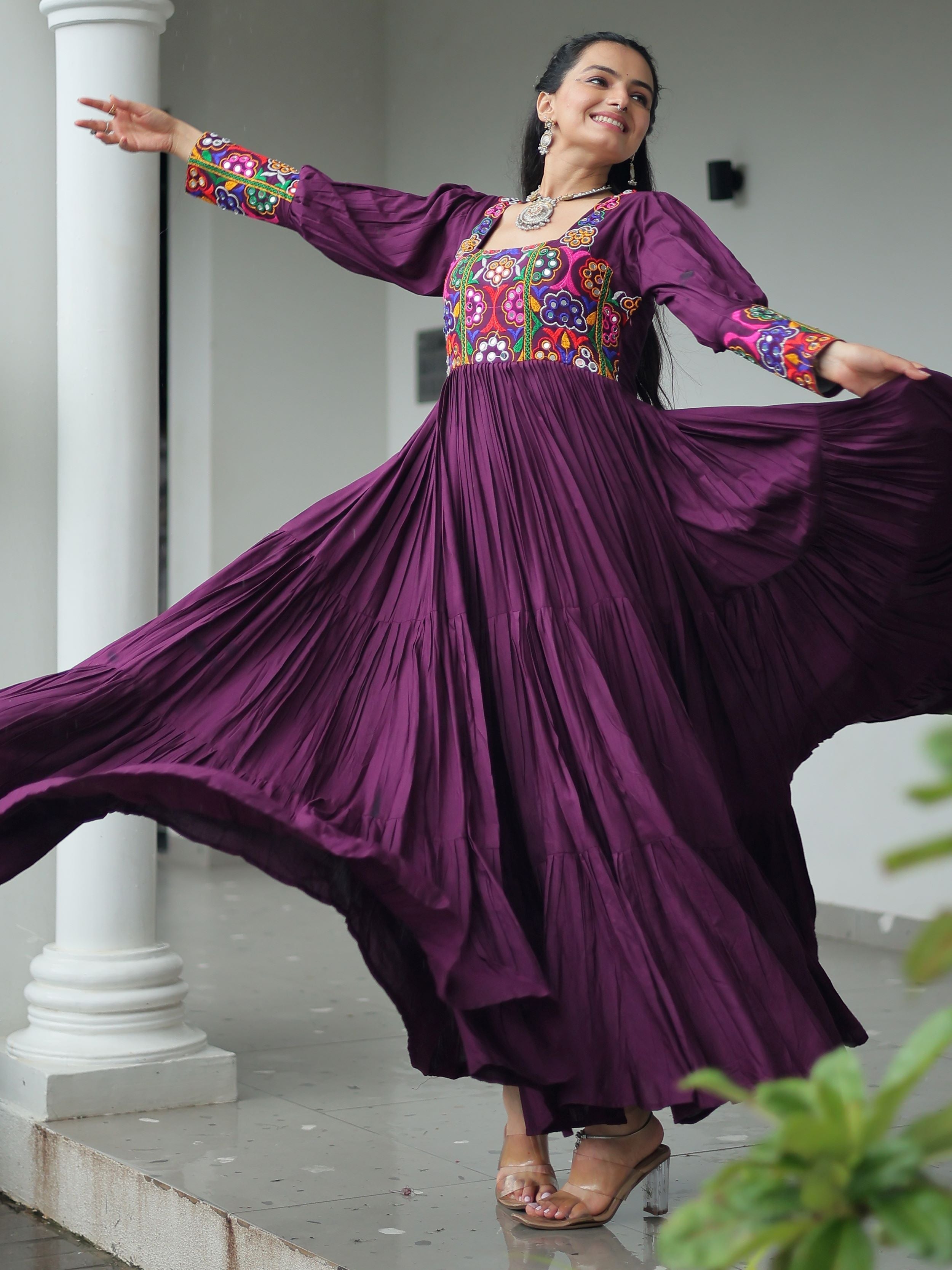 Wine rayon flair gown with kutchi gamthi work for navratri