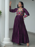 Wine rayon flair gown with kutchi gamthi work for navratri