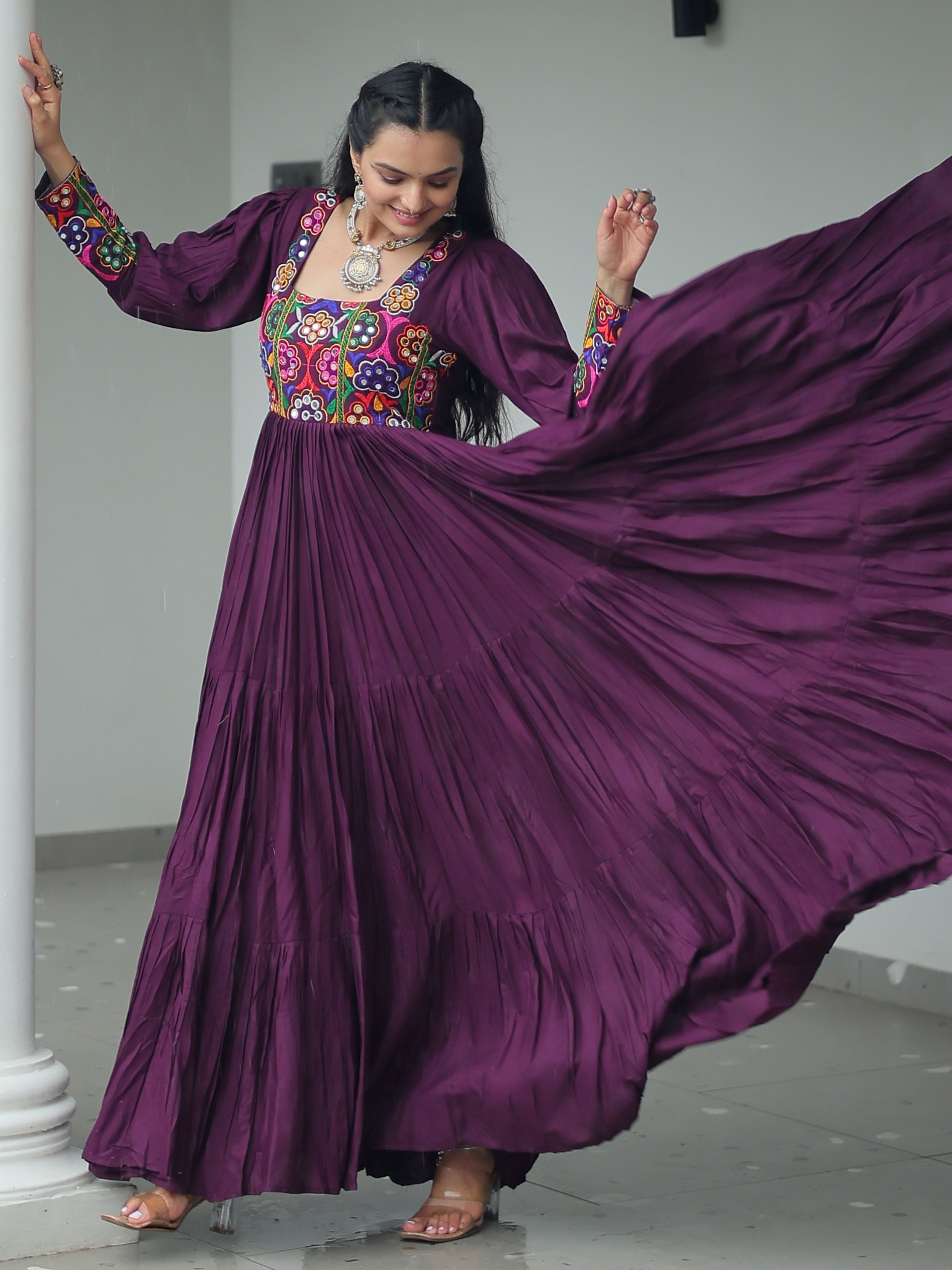Wine rayon flair gown with kutchi gamthi work for navratri