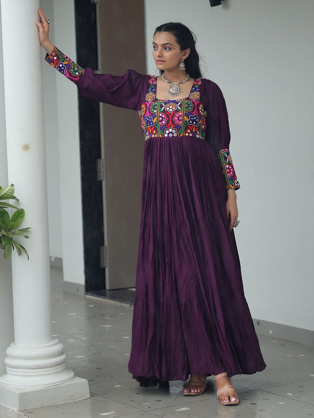 Wine rayon flair gown with kutchi gamthi work for navratri