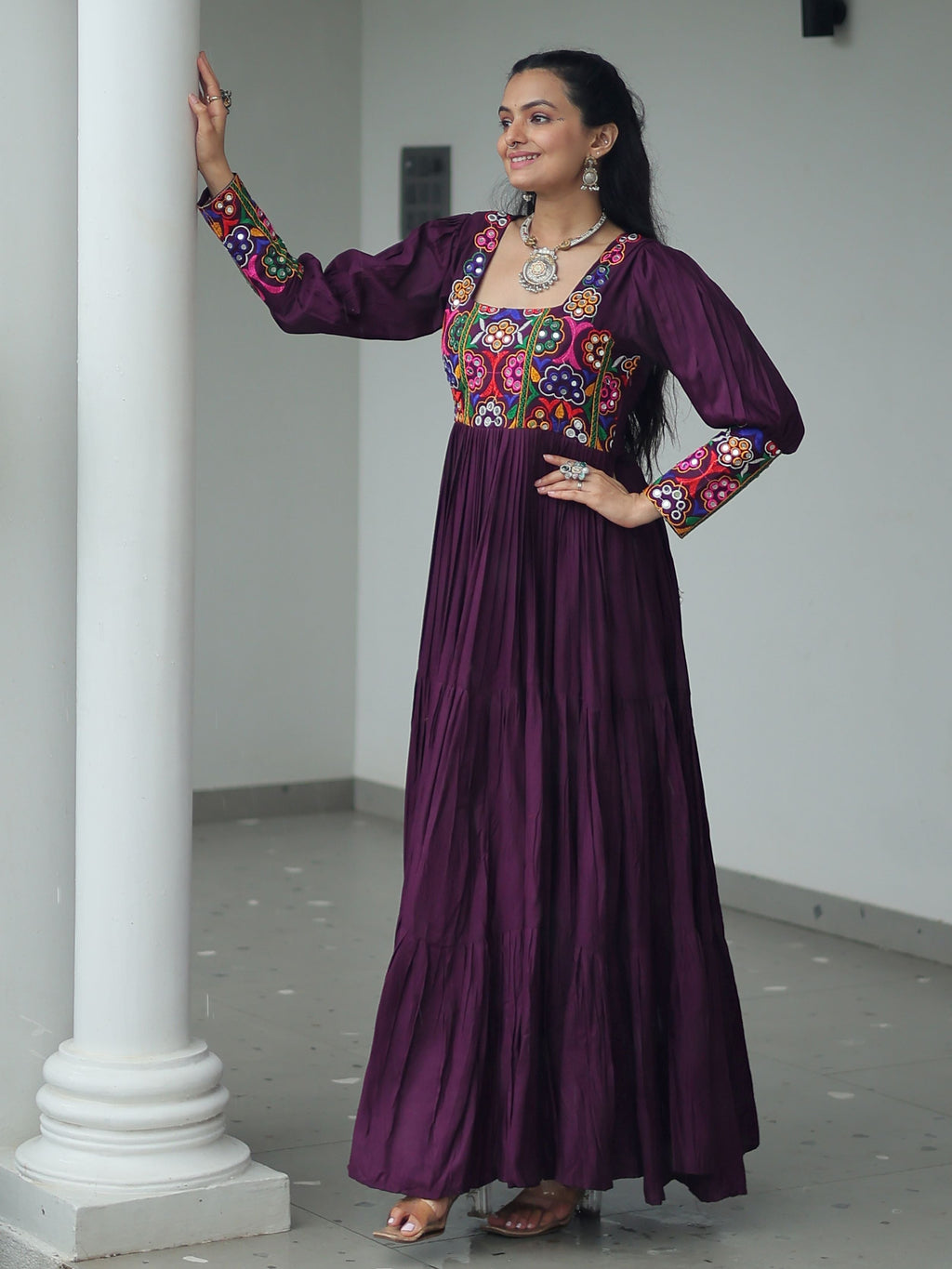 Wine rayon flair gown with kutchi gamthi work for navratri