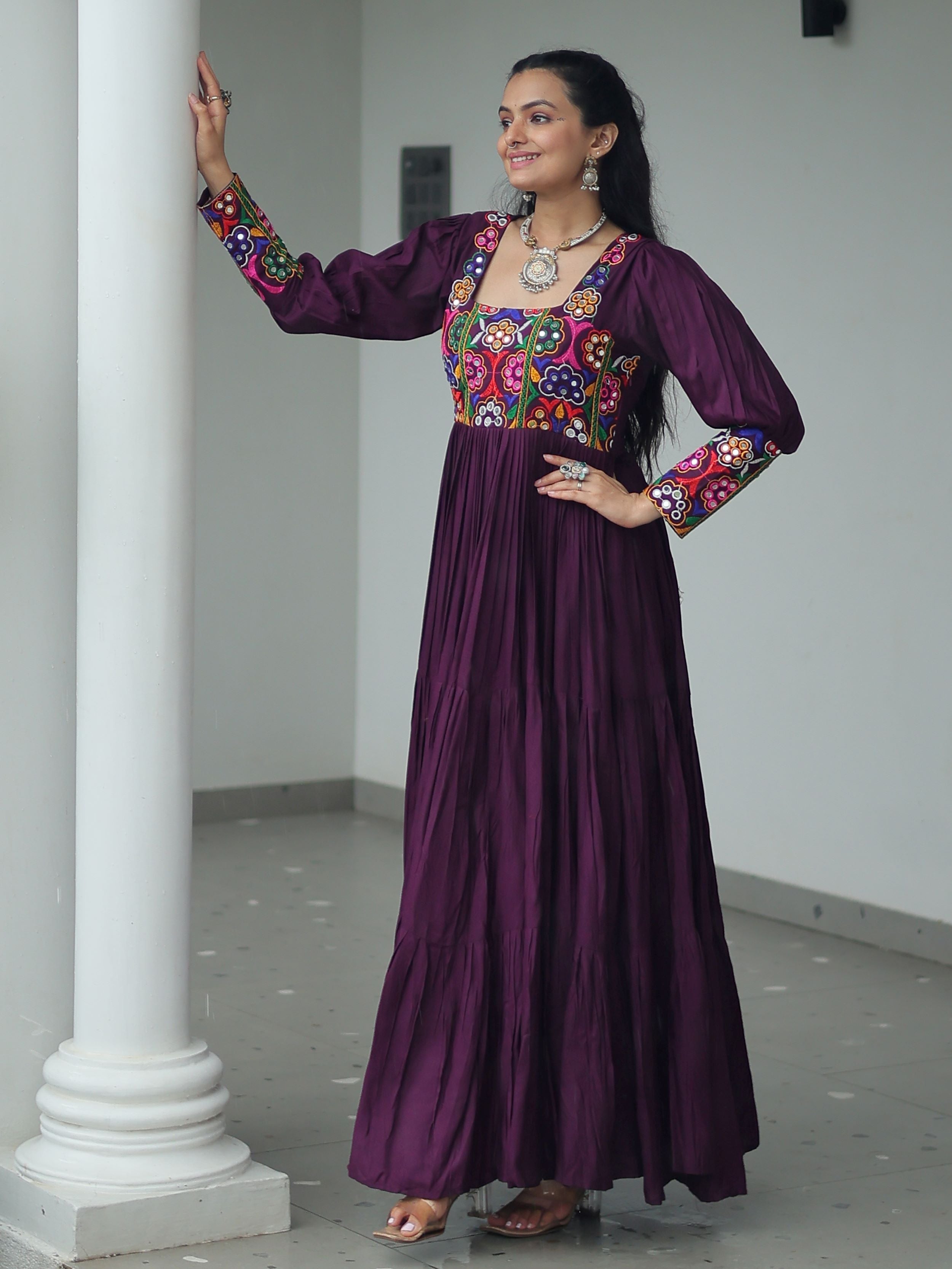 Wine rayon flair gown with kutchi gamthi work for navratri