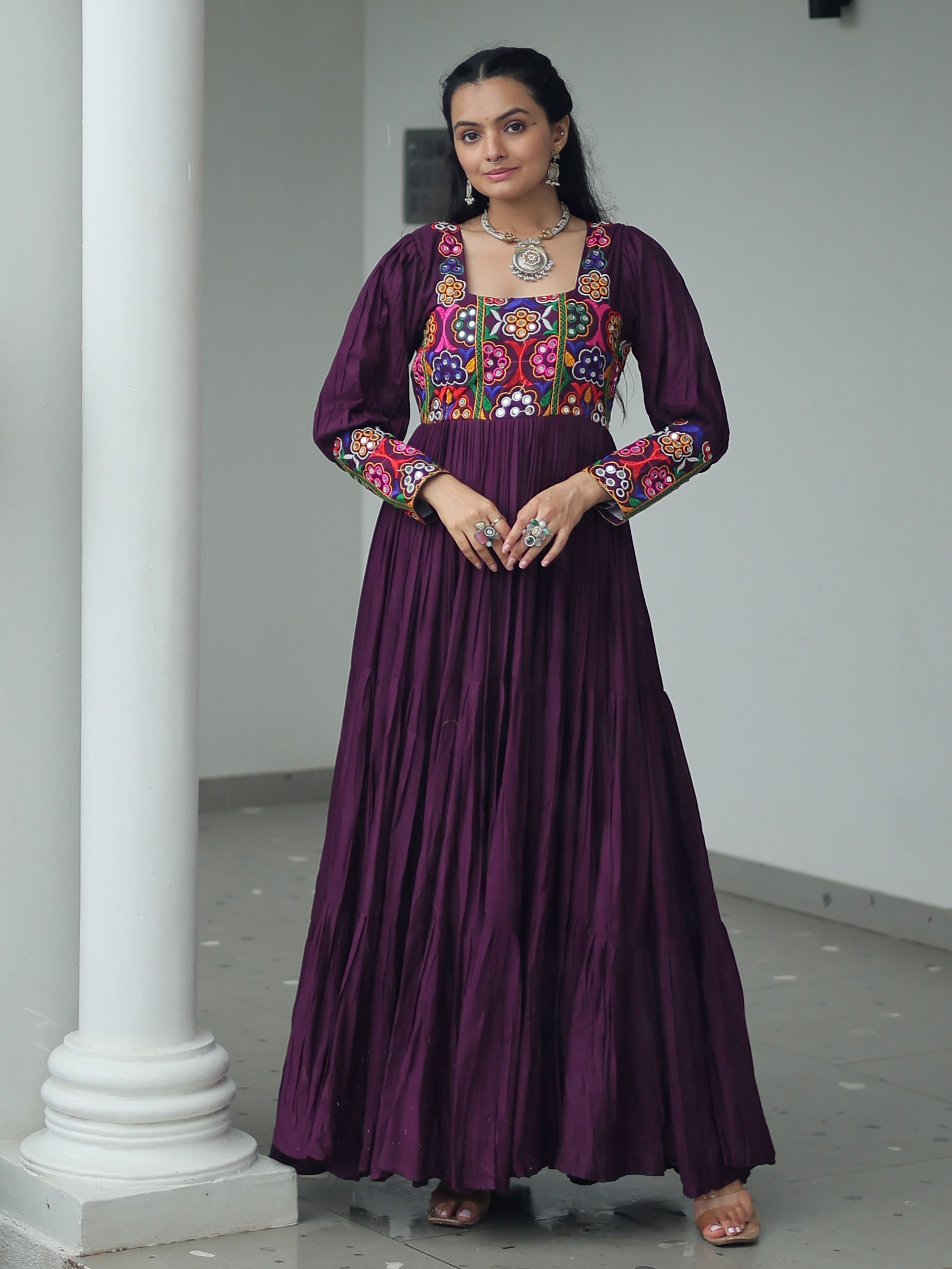 Wine rayon flair gown with kutchi gamthi work for navratri