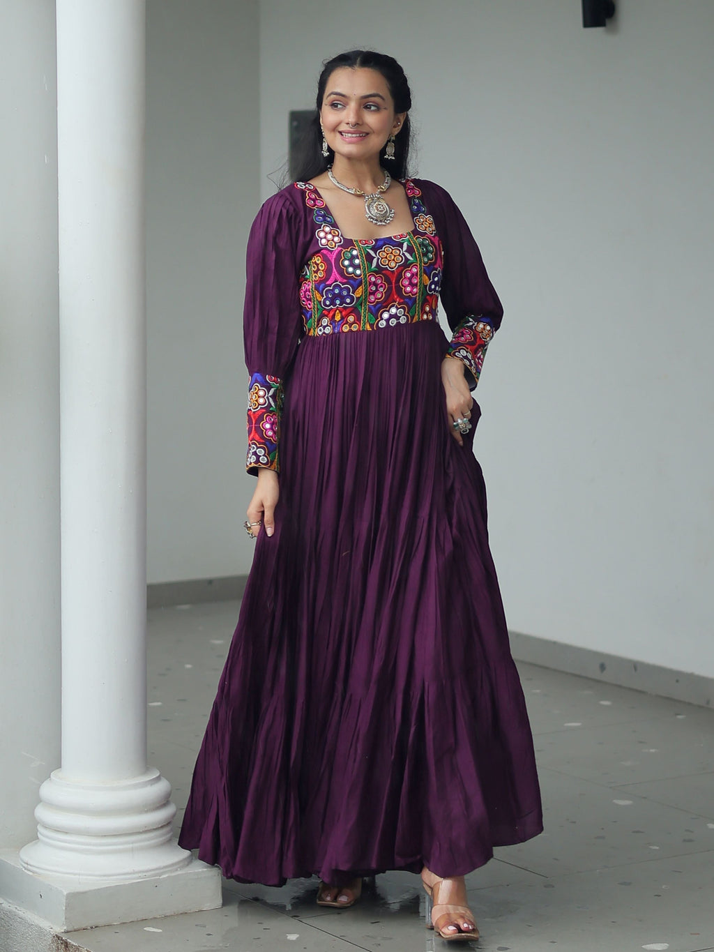 Wine rayon flair gown with kutchi gamthi work for navratri