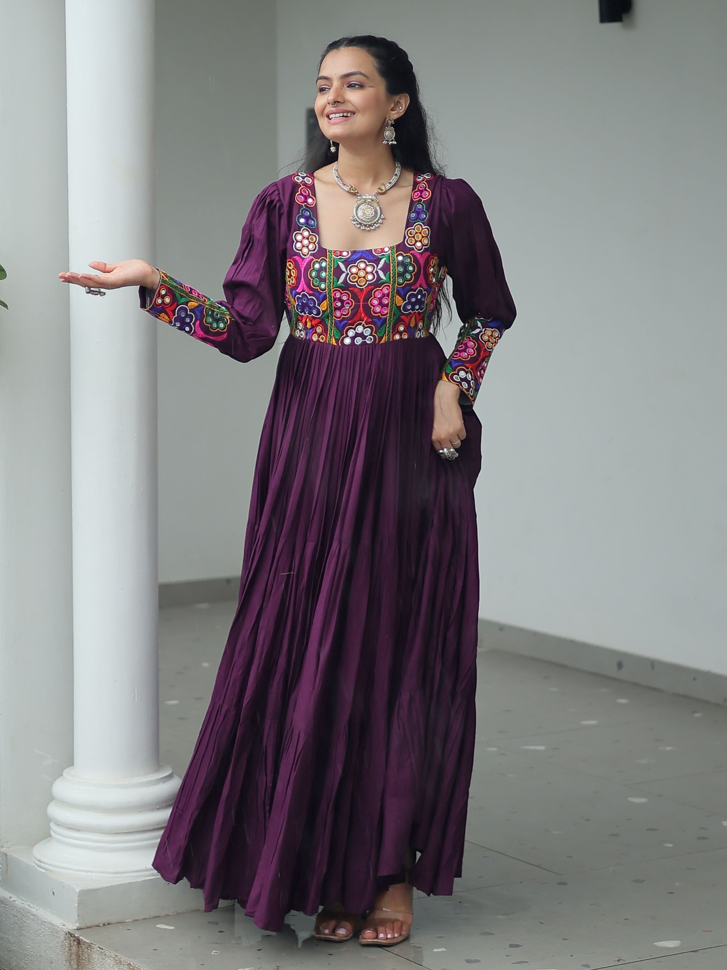 Wine rayon flair gown with kutchi gamthi work for navratri