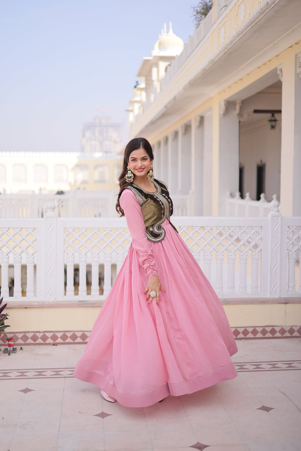 Yamini pink Mal Chanderi gown with embroidered work koti jacket