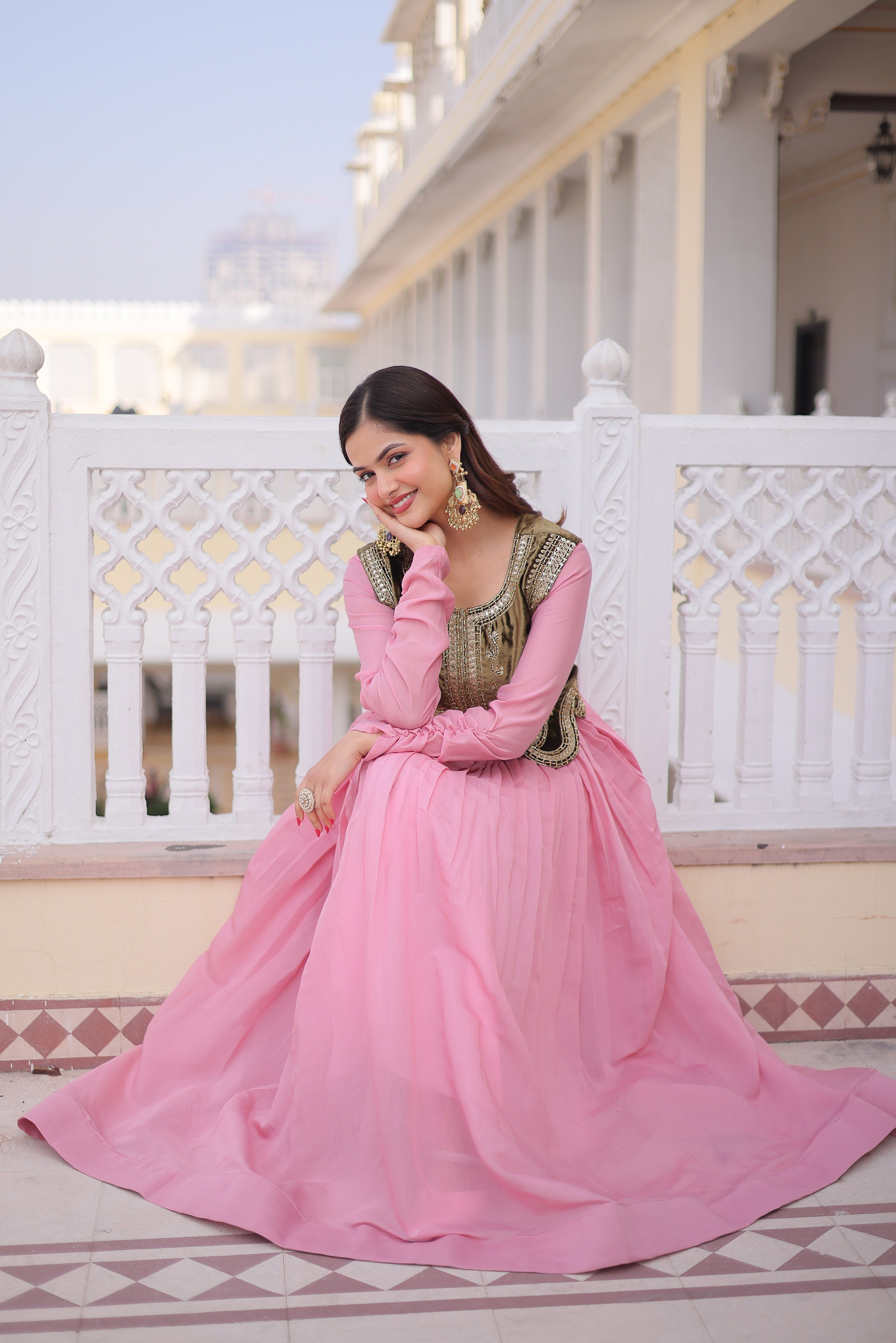 Yamini pink Mal Chanderi gown with embroidered work koti jacket