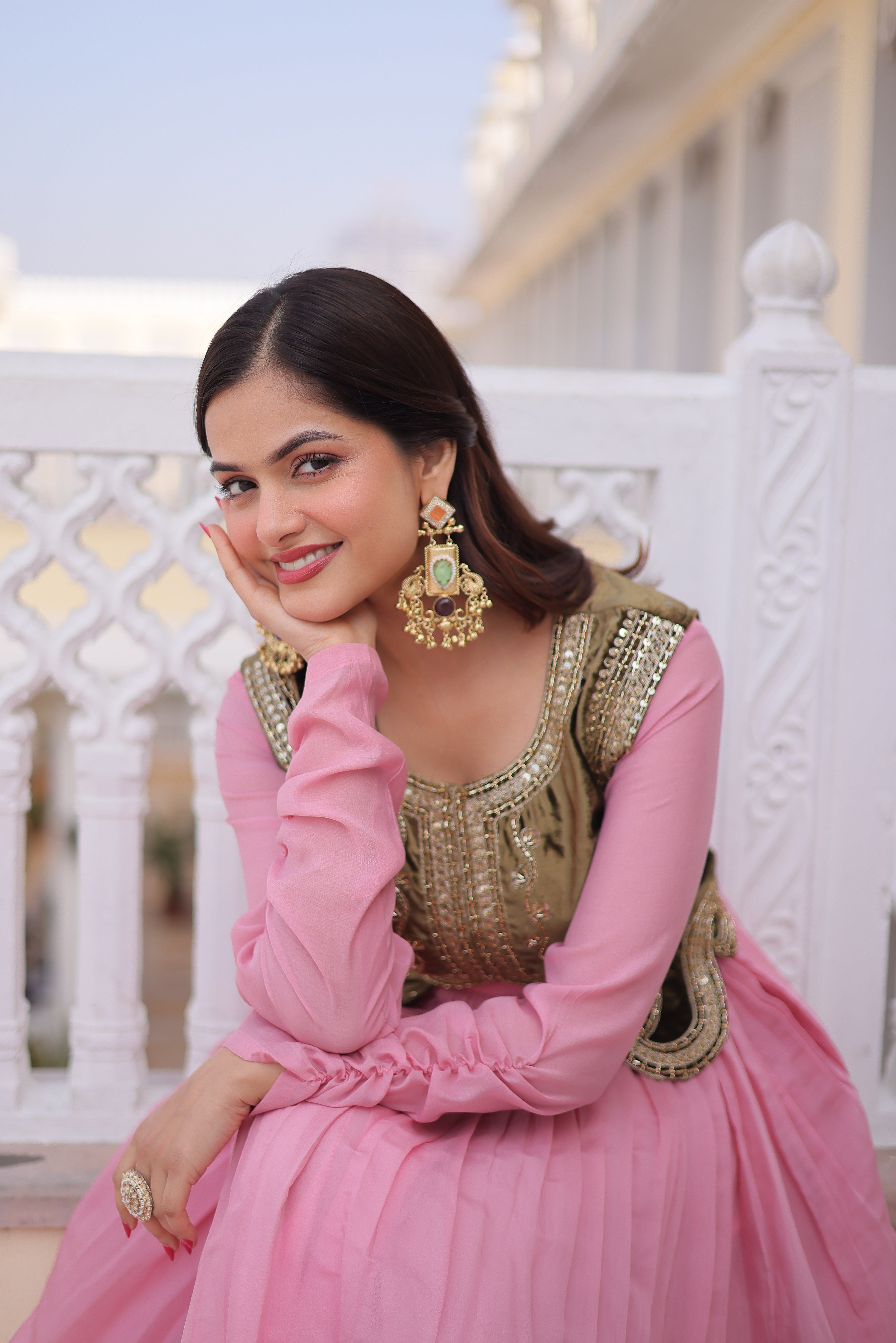 Yamini pink Mal Chanderi gown with embroidered work koti jacket