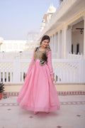 Yamini pink Mal Chanderi gown with embroidered work koti jacket