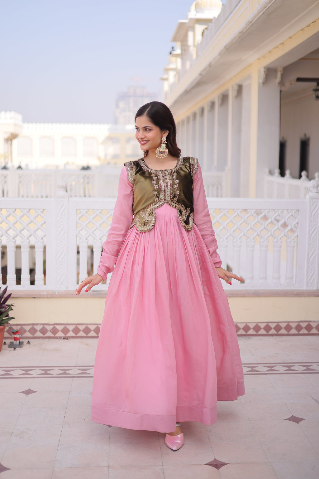 Yamini pink Mal Chanderi gown with embroidered work koti jacket