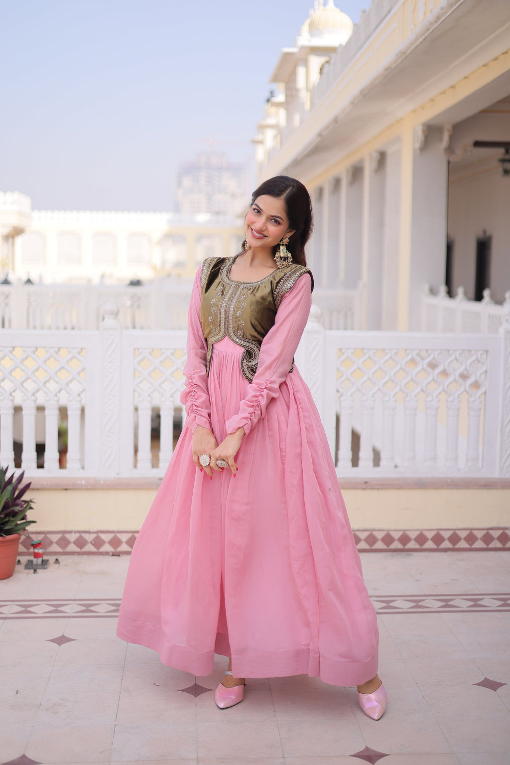 Yamini pink Mal Chanderi gown with embroidered work koti jacket