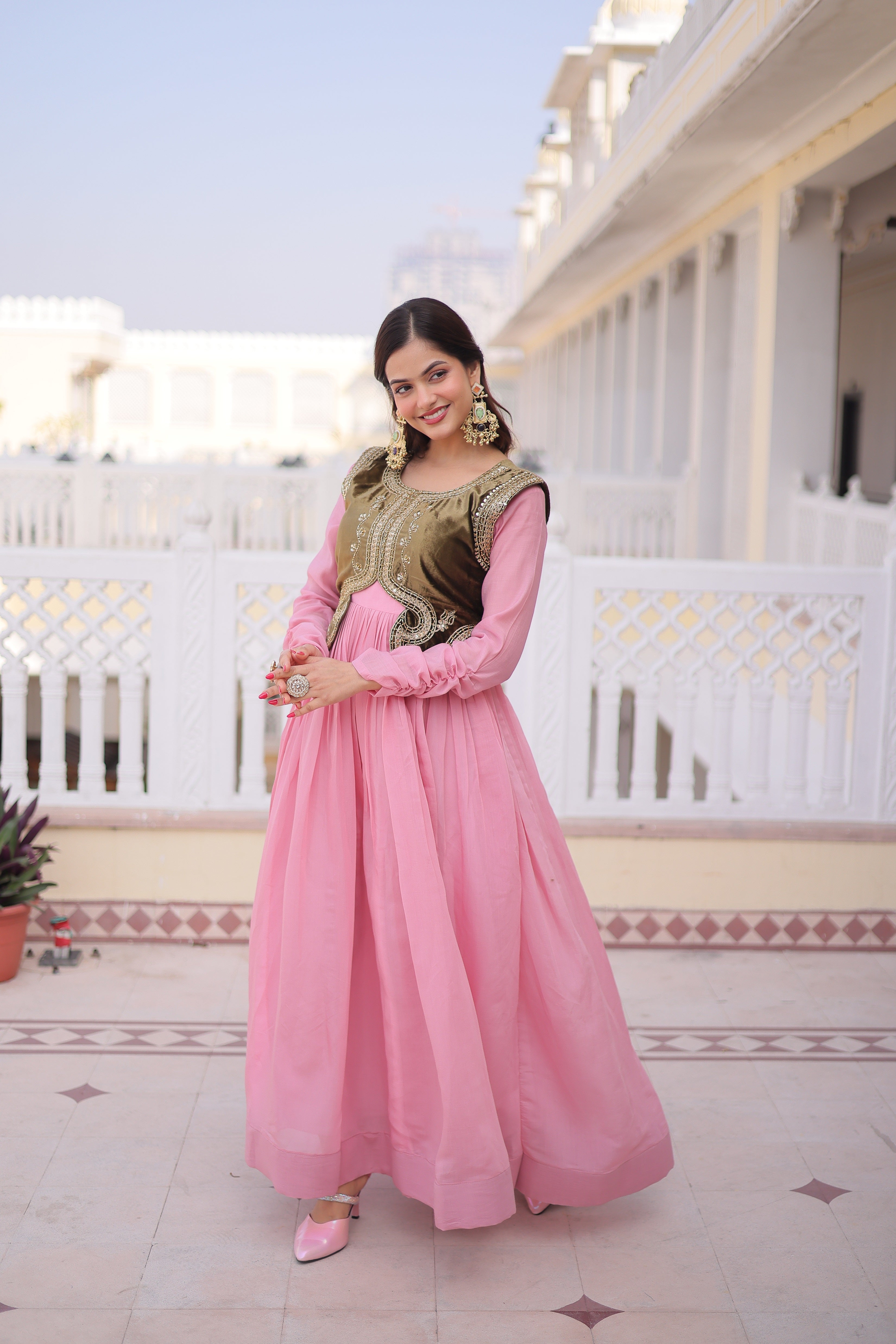 Yamini pink Mal Chanderi gown with embroidered work koti jacket