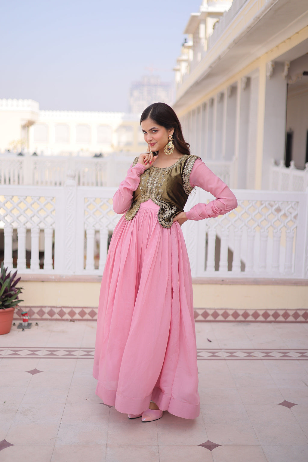 Yamini pink Mal Chanderi gown with embroidered work koti jacket
