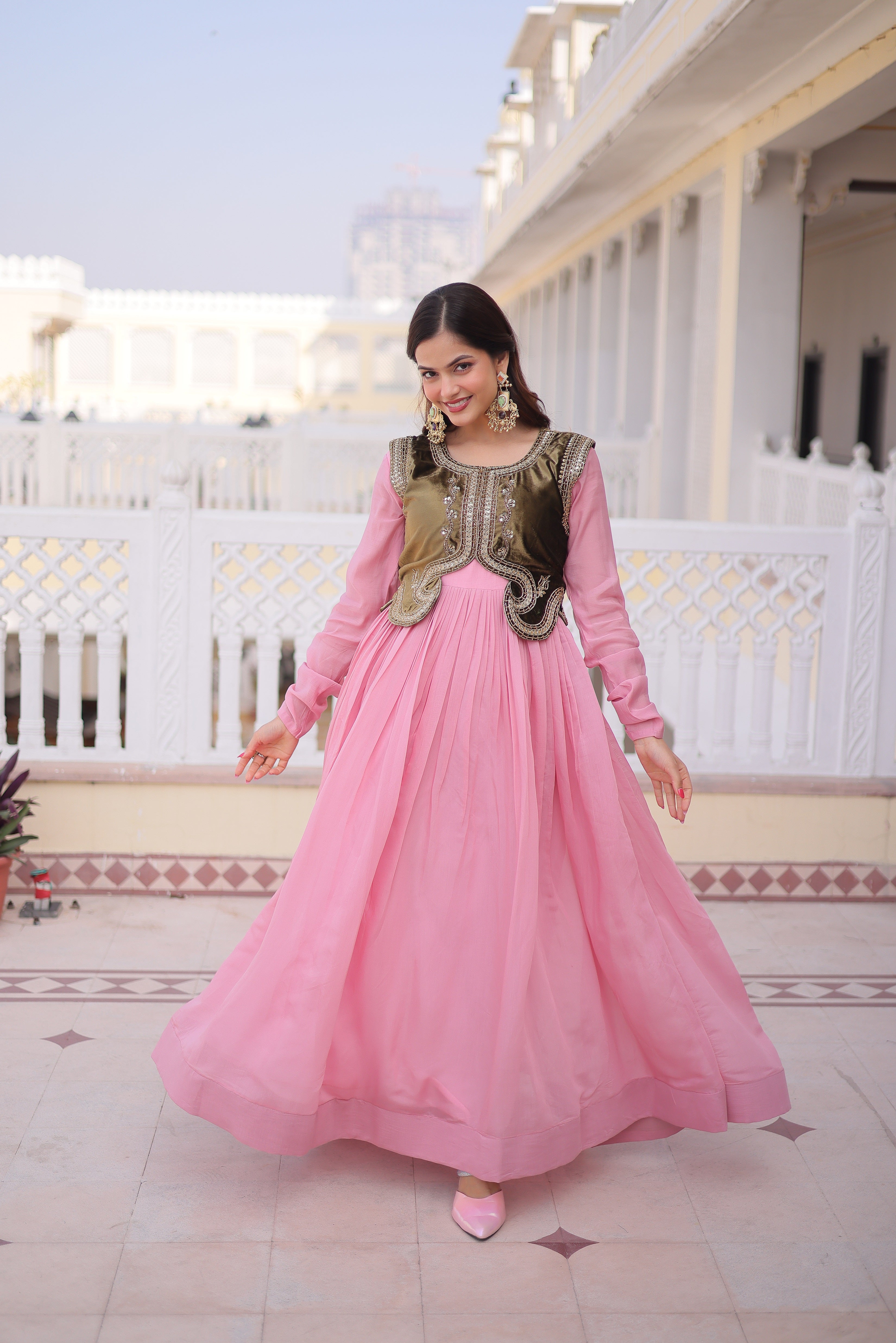 Yamini pink Mal Chanderi gown with embroidered work koti jacket