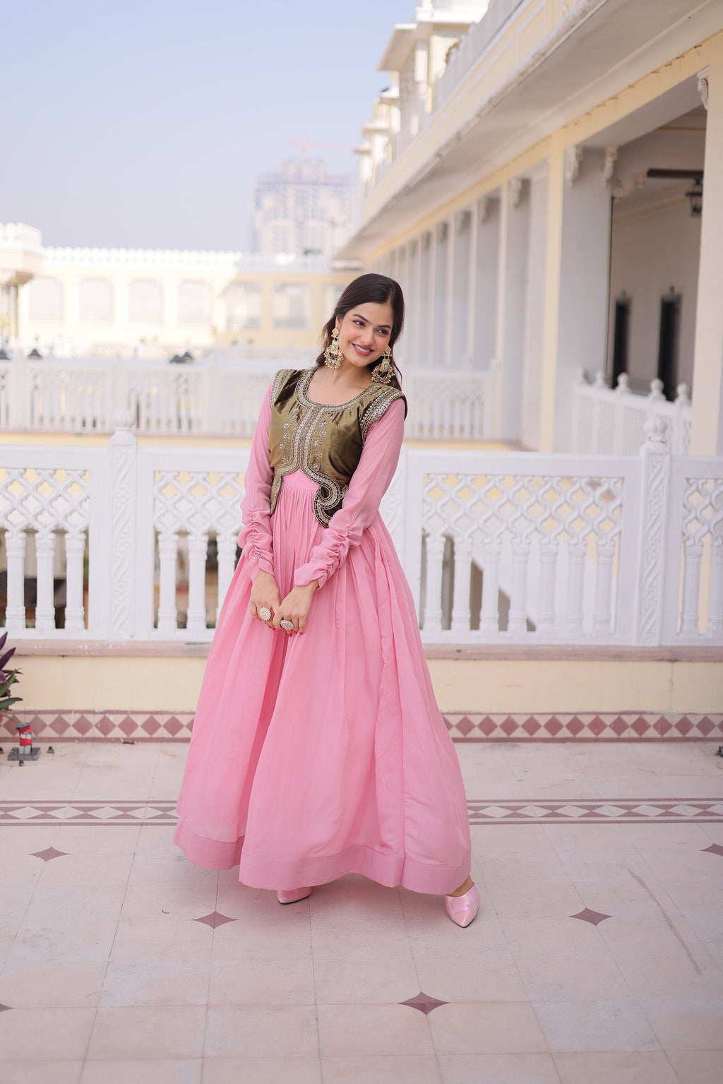Yamini pink Mal Chanderi gown with embroidered work koti jacket