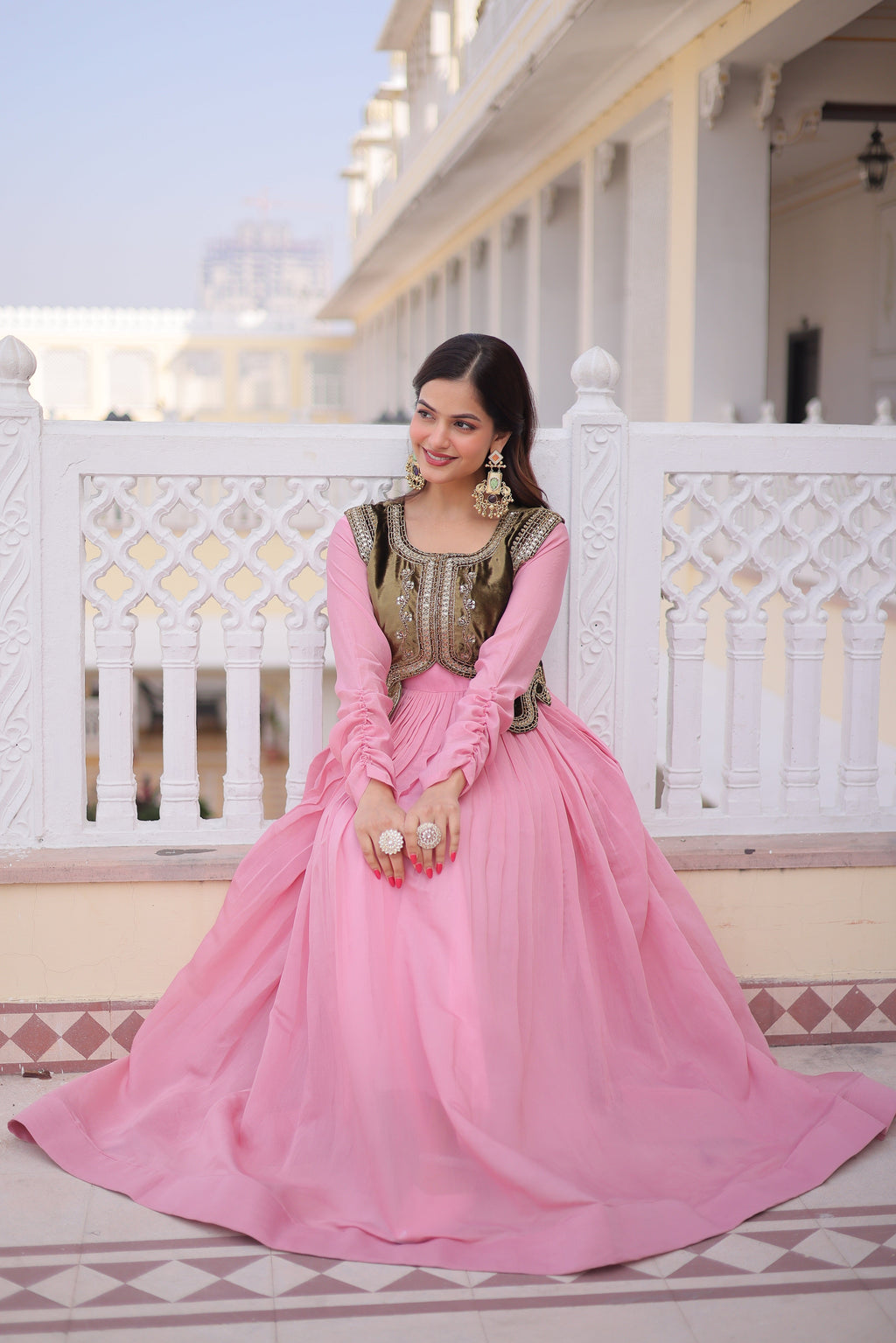 Yamini pink Mal Chanderi gown with embroidered work koti jacket