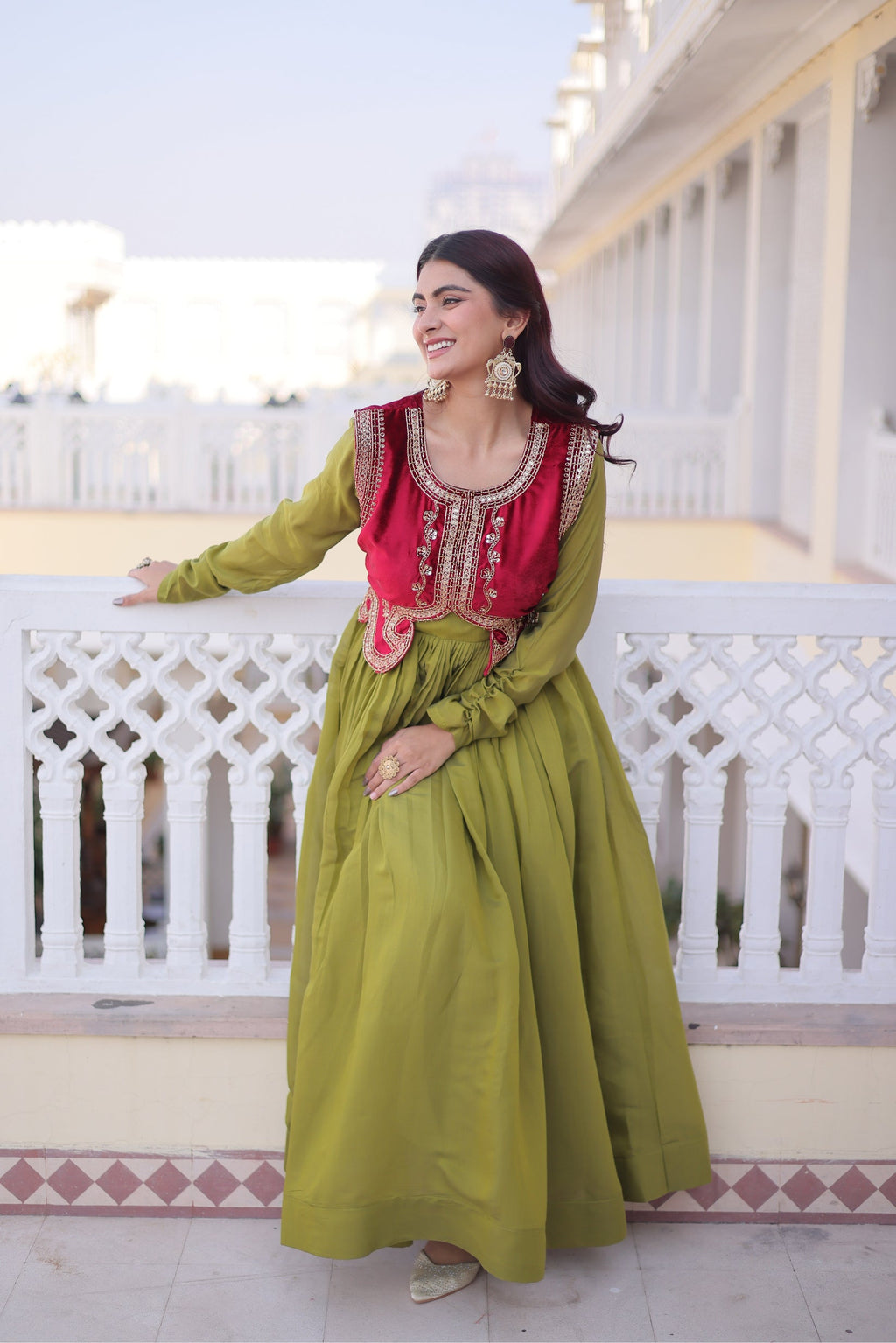 Yamini pista green Mal Chanderi gown with embroidered work koti jacket