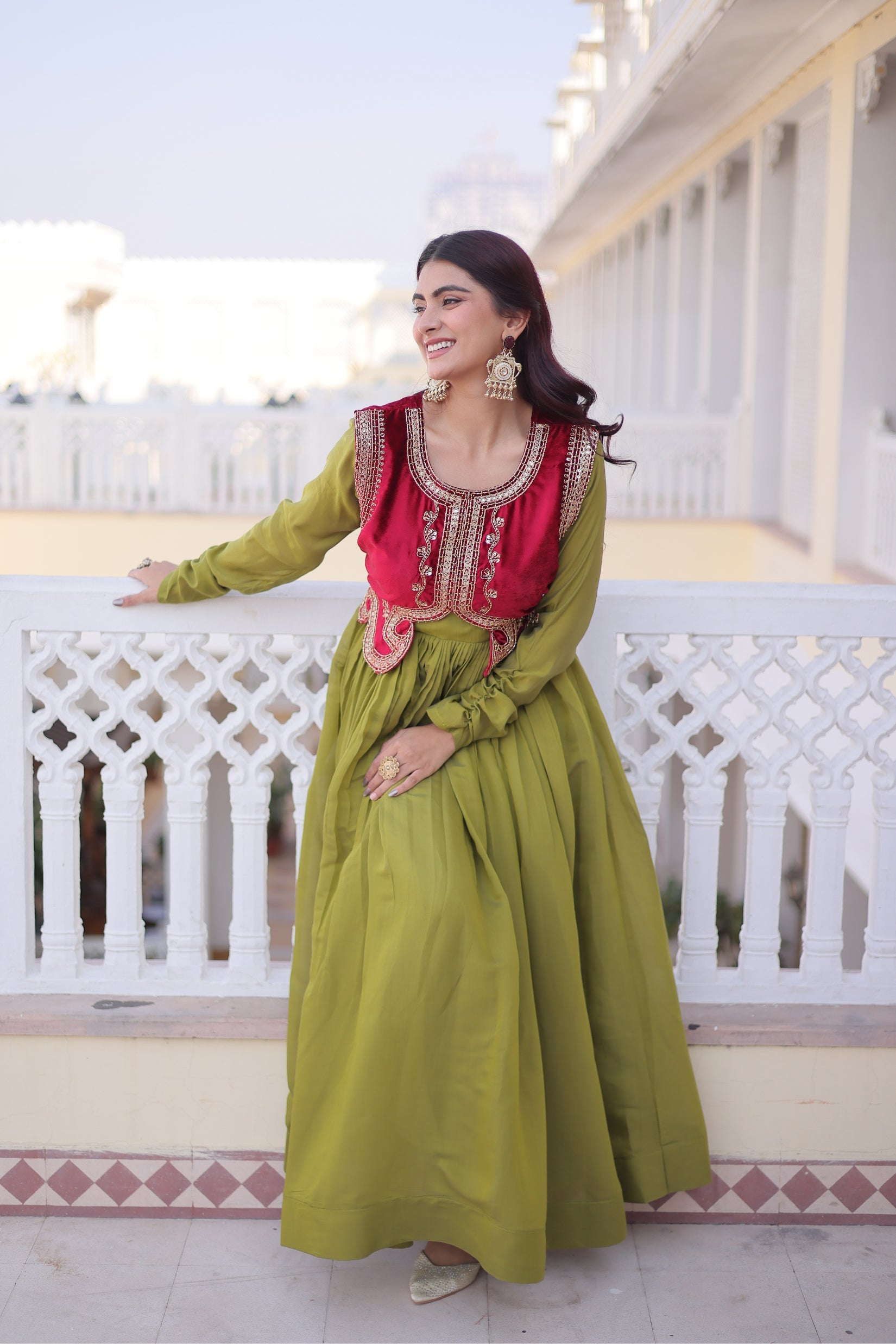 Yamini pista green Mal Chanderi gown with embroidered work koti jacket