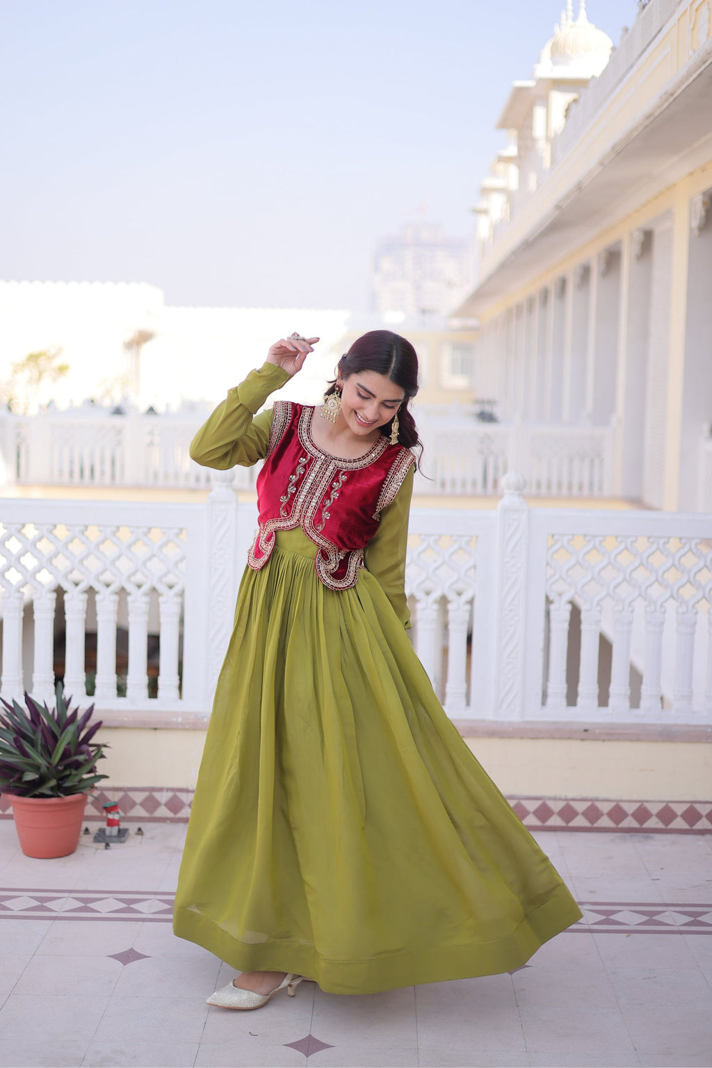 Yamini pista green Mal Chanderi gown with embroidered work koti jacket