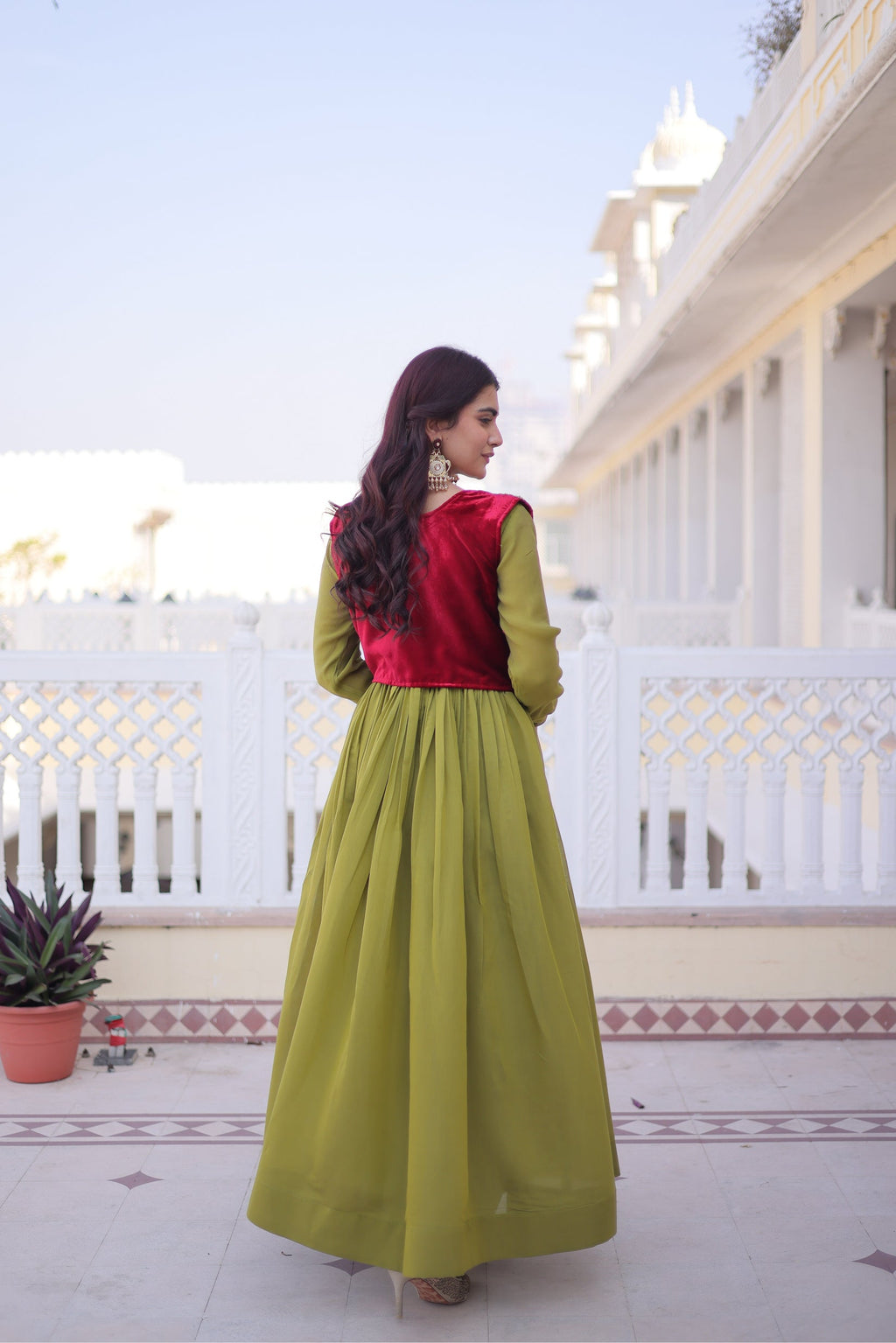Yamini pista green Mal Chanderi gown with embroidered work koti jacket