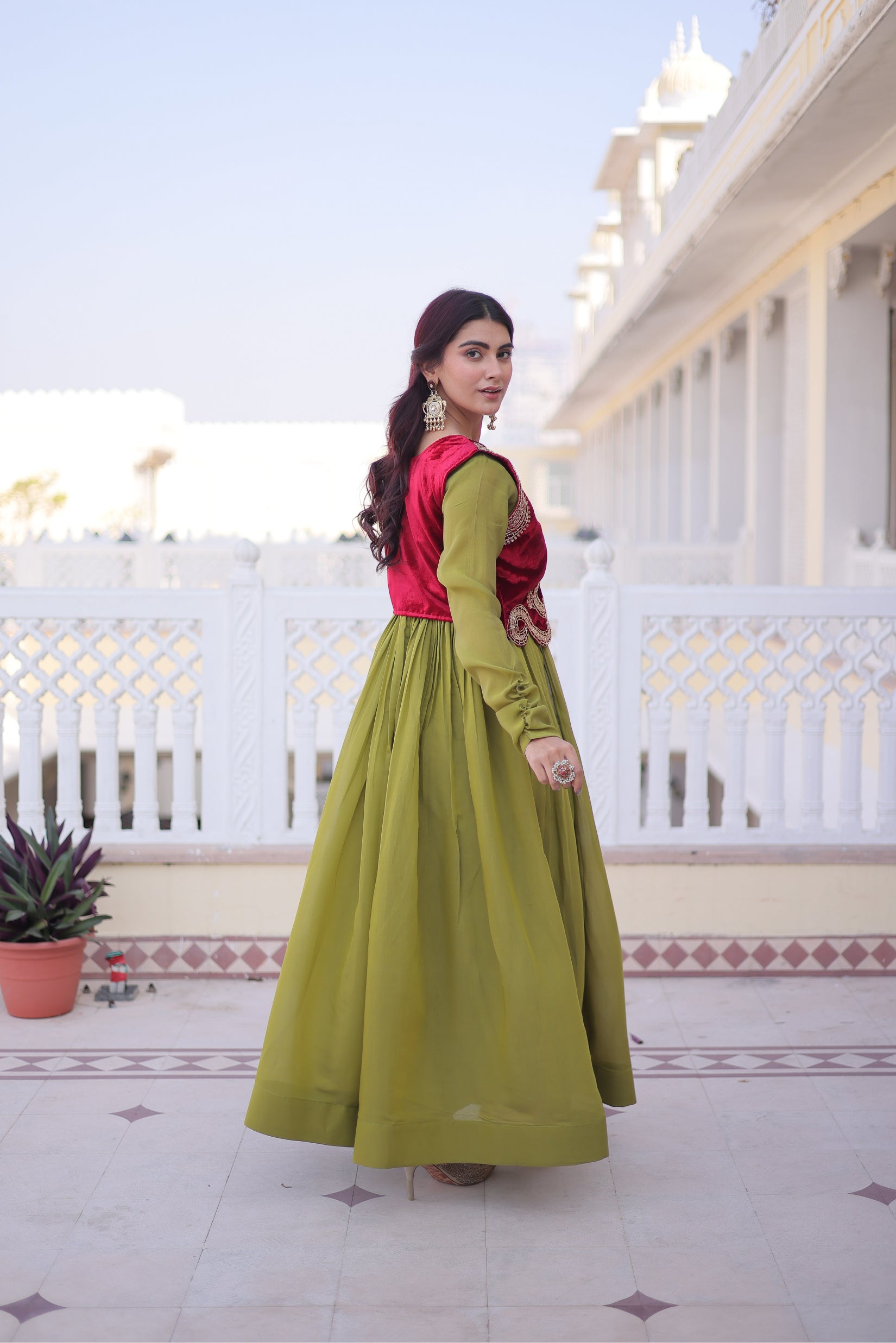 Yamini pista green Mal Chanderi gown with embroidered work koti jacket