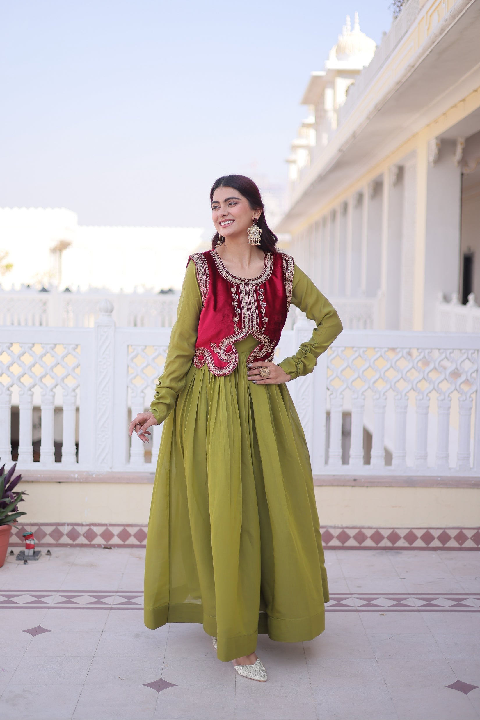 Yamini pista green Mal Chanderi gown with embroidered work koti jacket