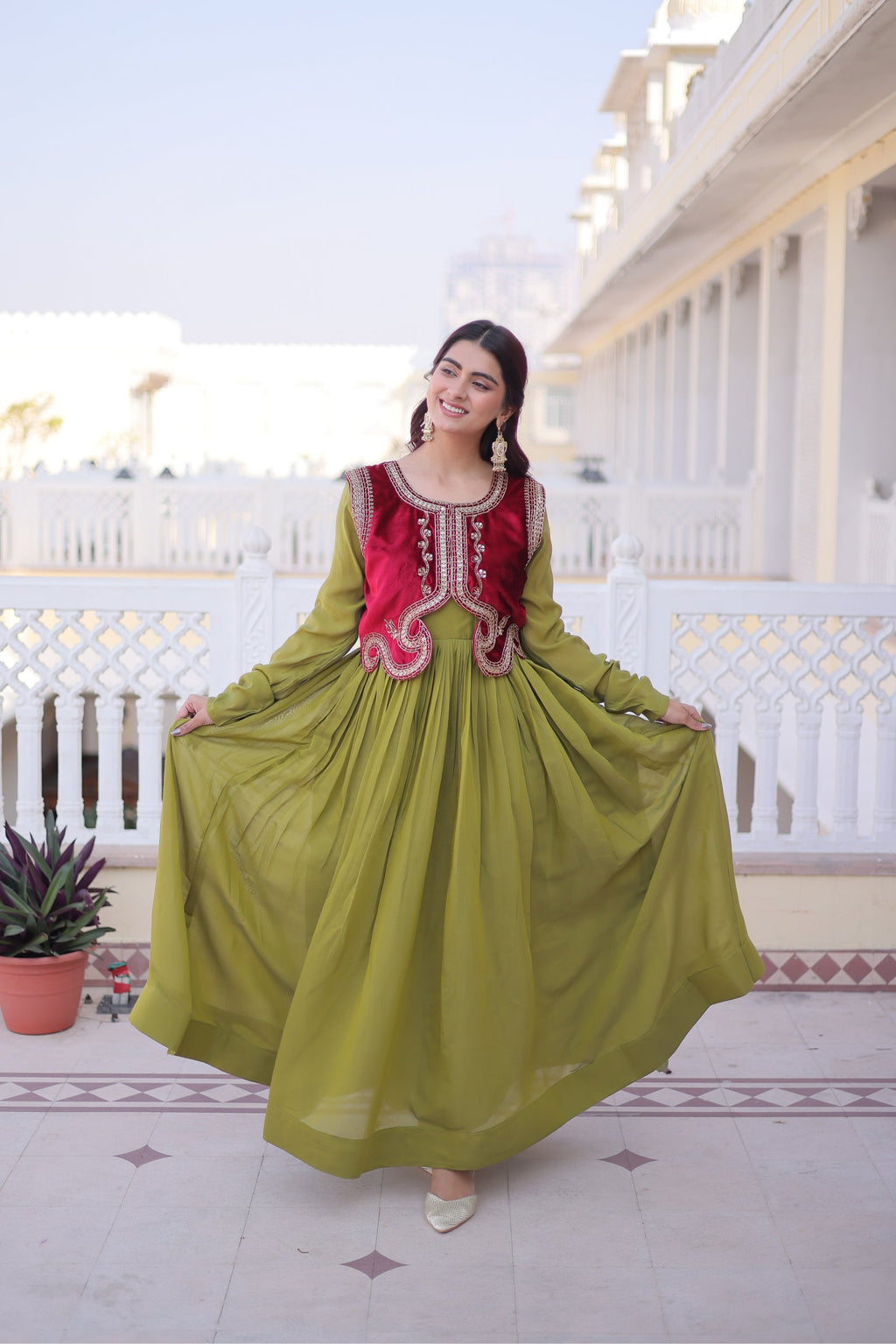 Yamini pista green Mal Chanderi gown with embroidered work koti jacket