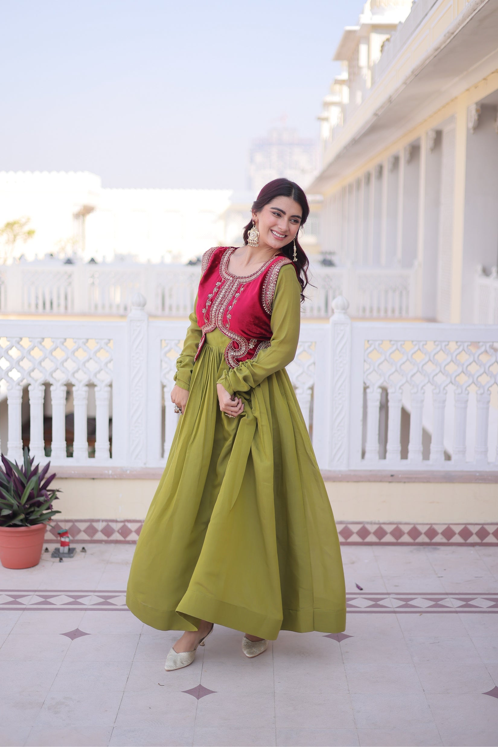 Yamini pista green Mal Chanderi gown with embroidered work koti jacket
