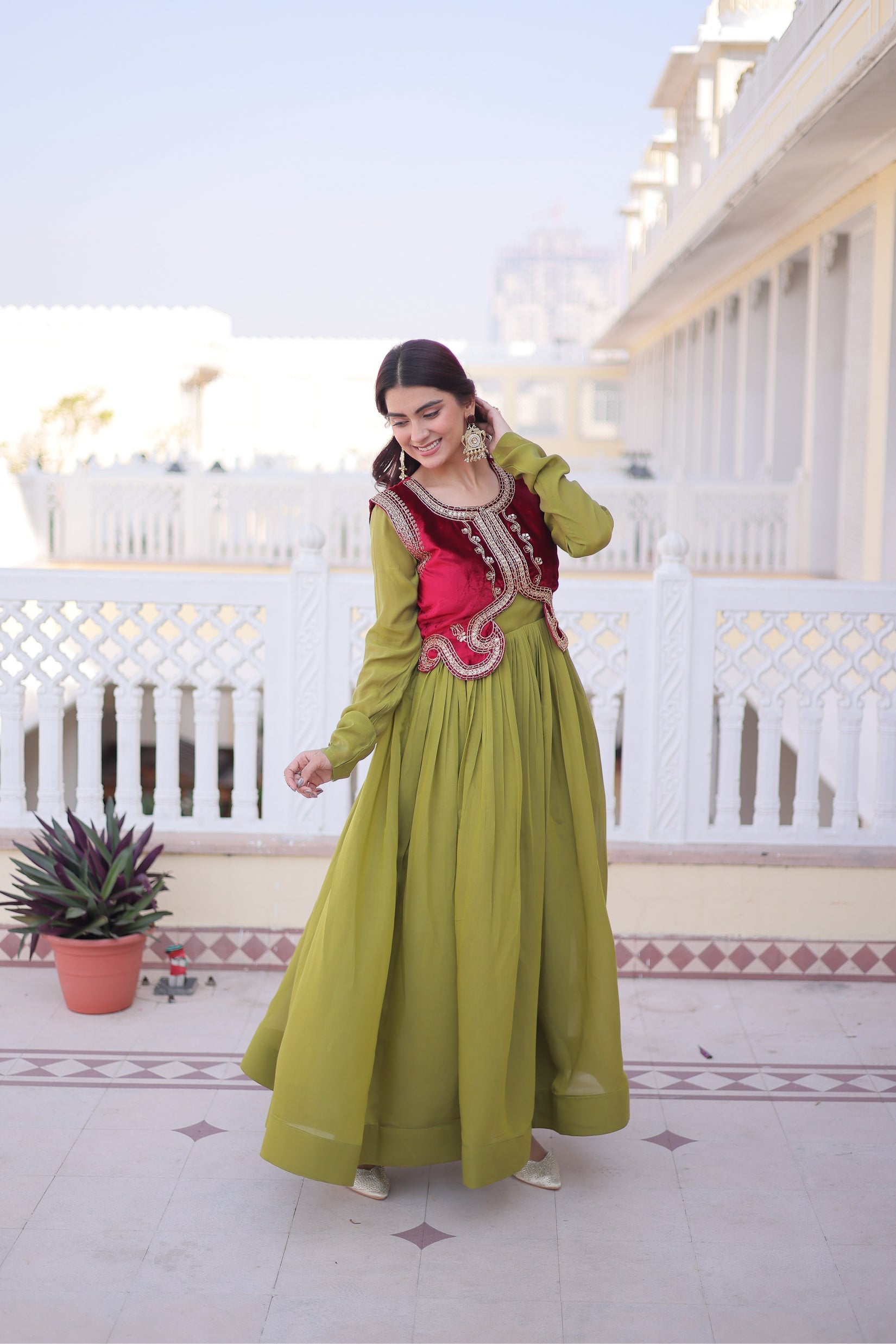 Yamini pista green Mal Chanderi gown with embroidered work koti jacket