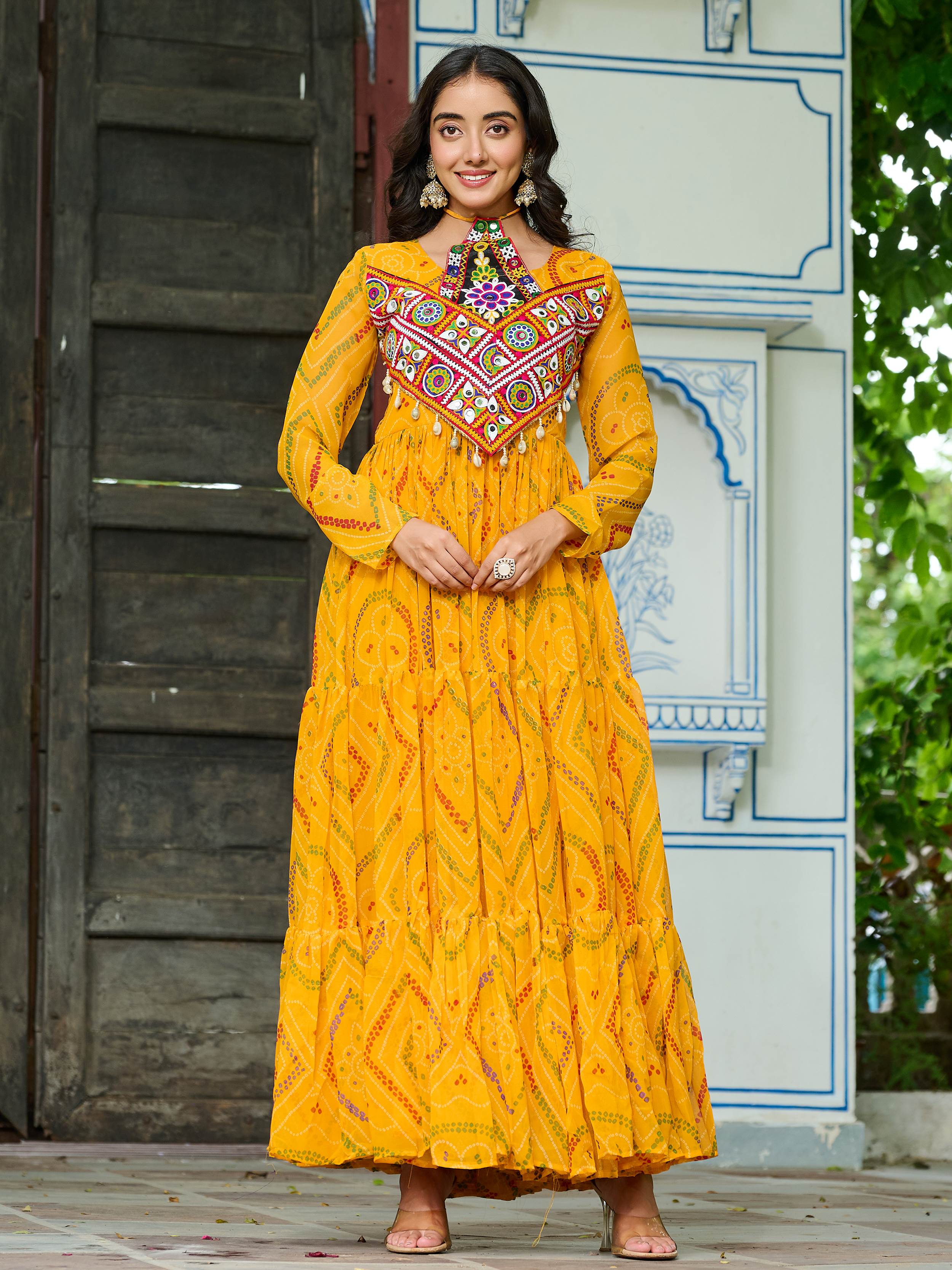 Yellow Bandhani print georgette Kutchi patchwork flair Navratri gown