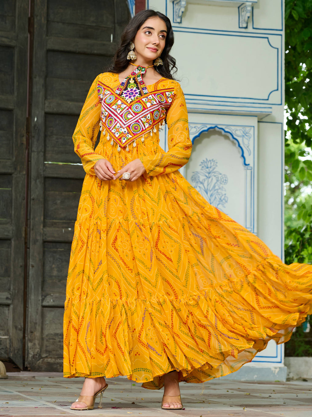 Yellow Bandhani print georgette Kutchi patchwork flair Navratri gown