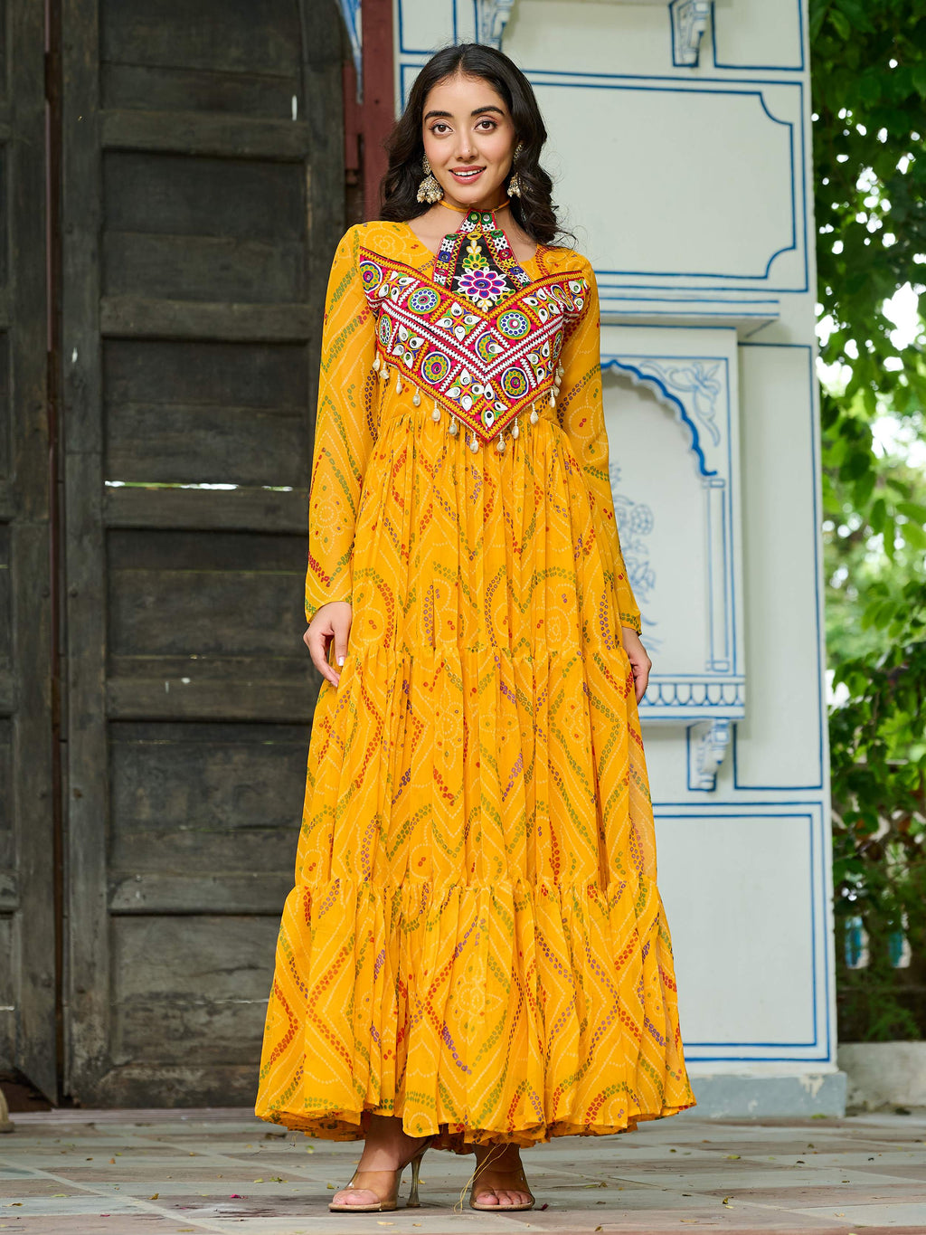 Yellow Bandhani print georgette Kutchi patchwork flair Navratri gown