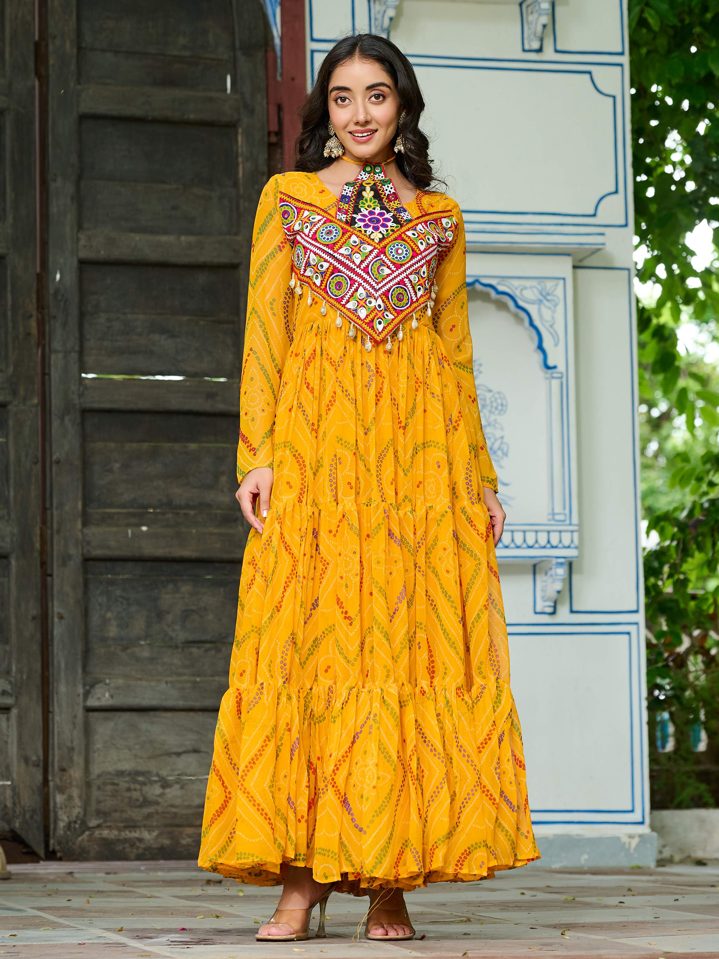 Yellow Bandhani print georgette Kutchi patchwork flair Navratri gown