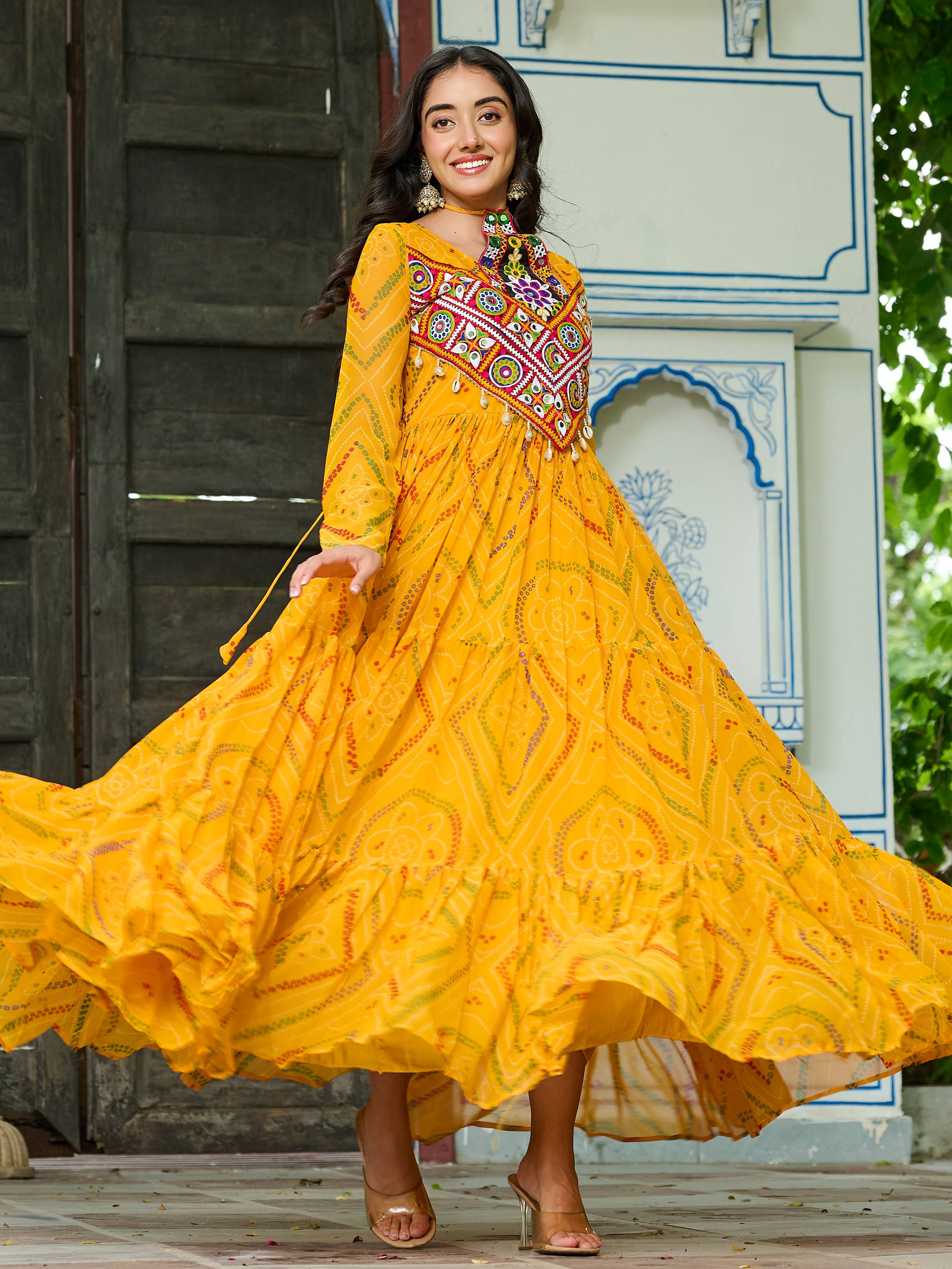 Yellow Bandhani print georgette Kutchi patchwork flair Navratri gown