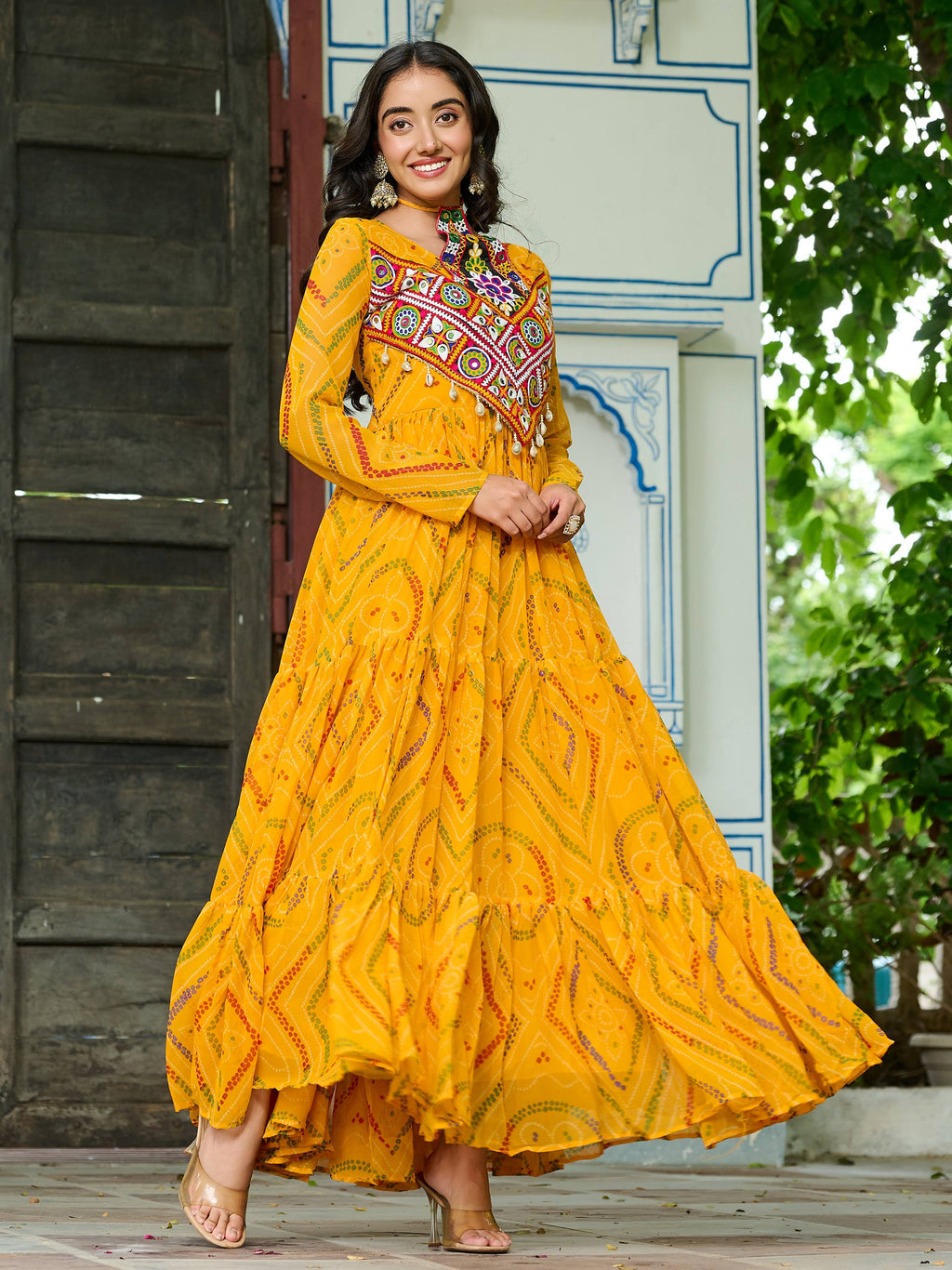Yellow Bandhani print georgette Kutchi patchwork flair Navratri gown