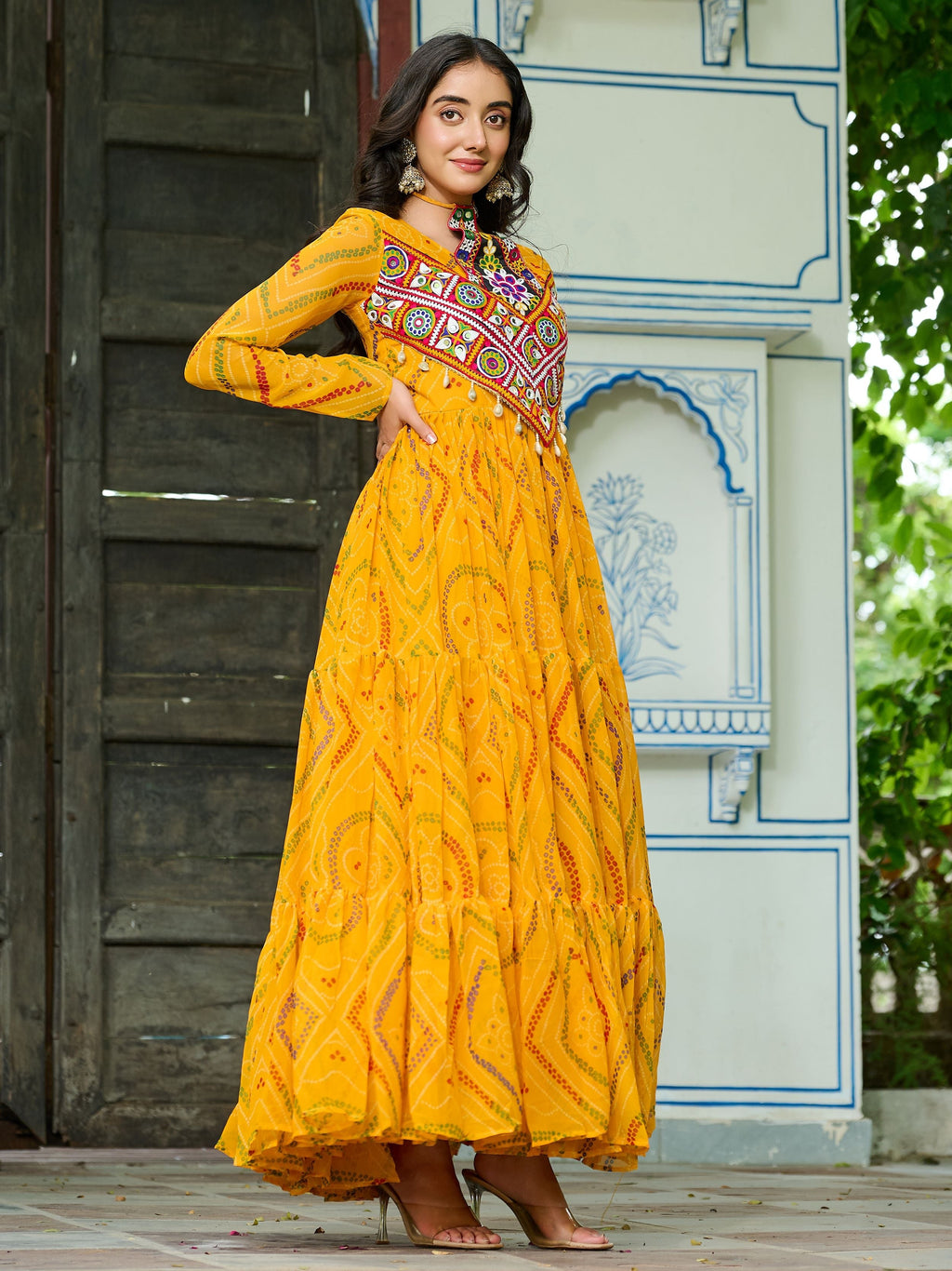 Yellow Bandhani print georgette Kutchi patchwork flair Navratri gown